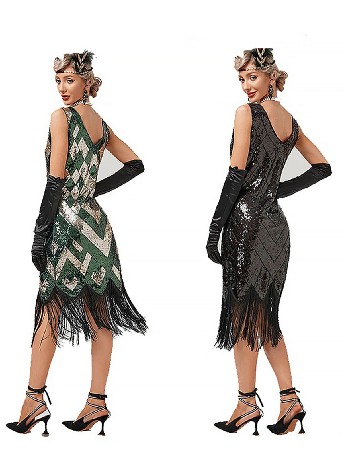 1920s V-Neck Sequined Fringe Evening Dress - Image 5