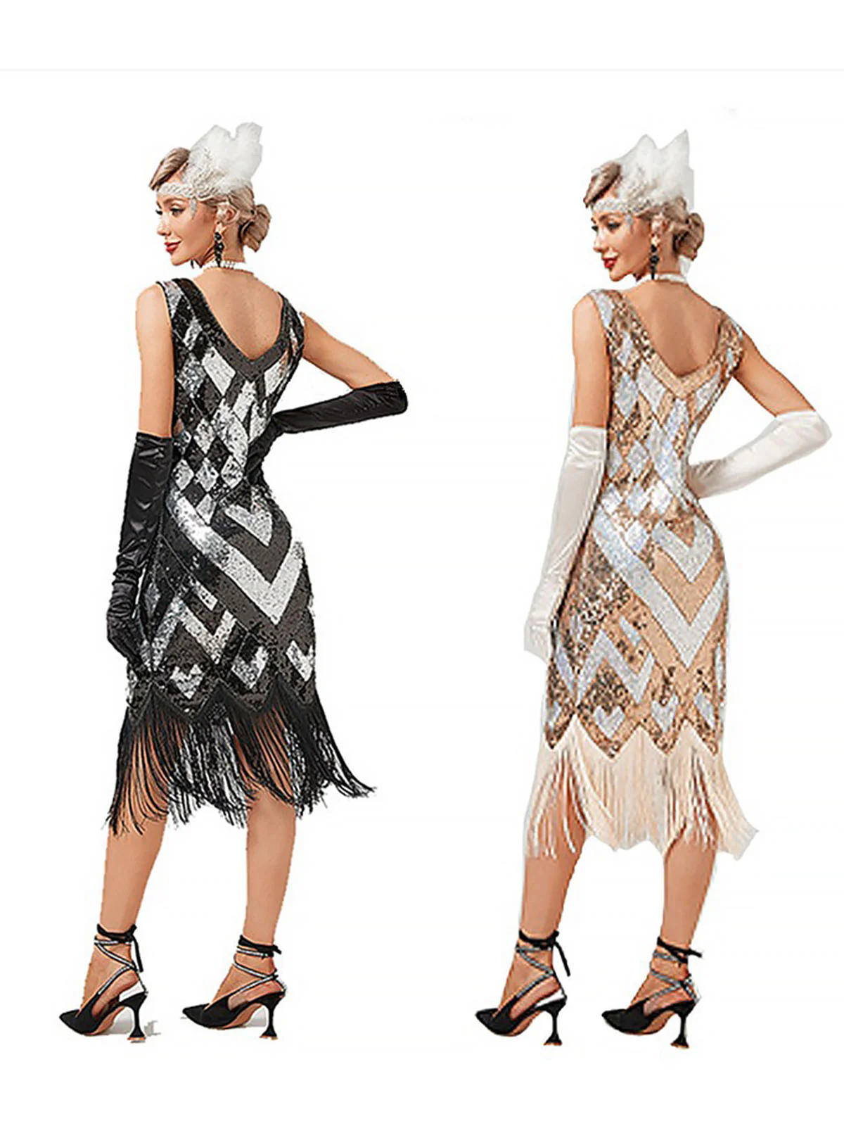 1920s V-Neck Sequined Fringe Evening Dress - Image 6