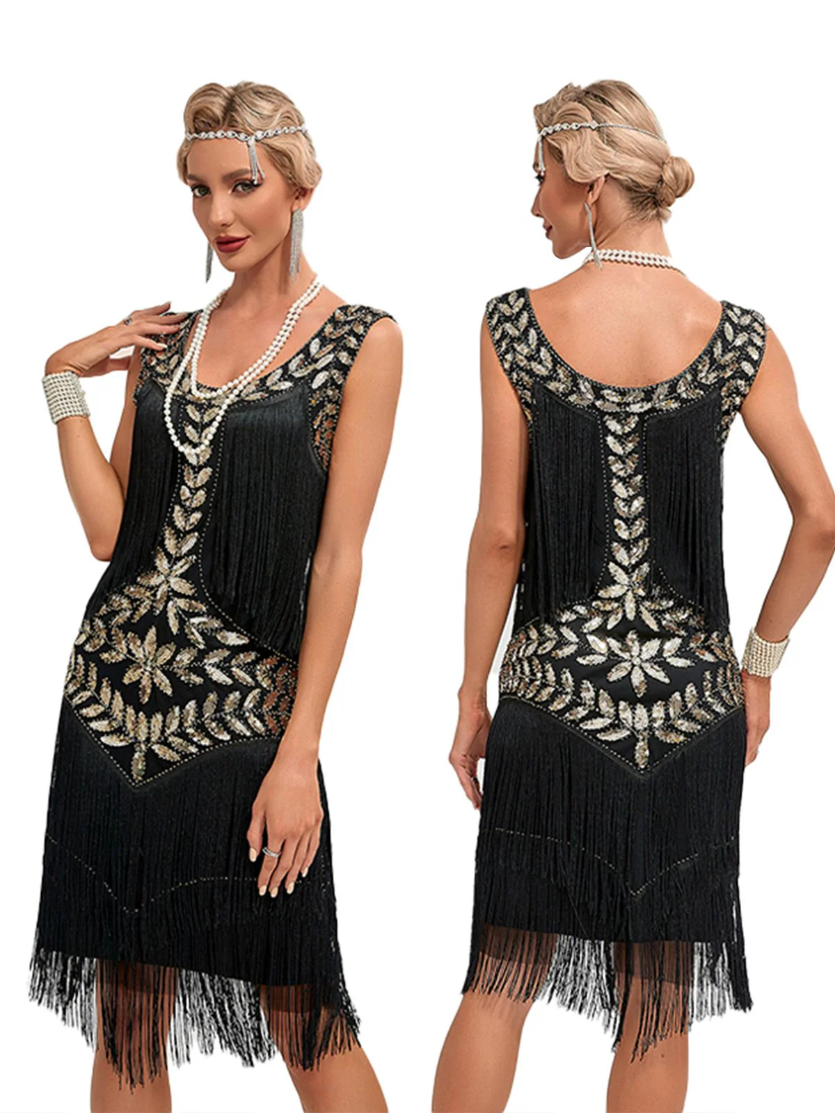 1920s V-Neck Sequined Mesh Mermaid Dress - Image 3