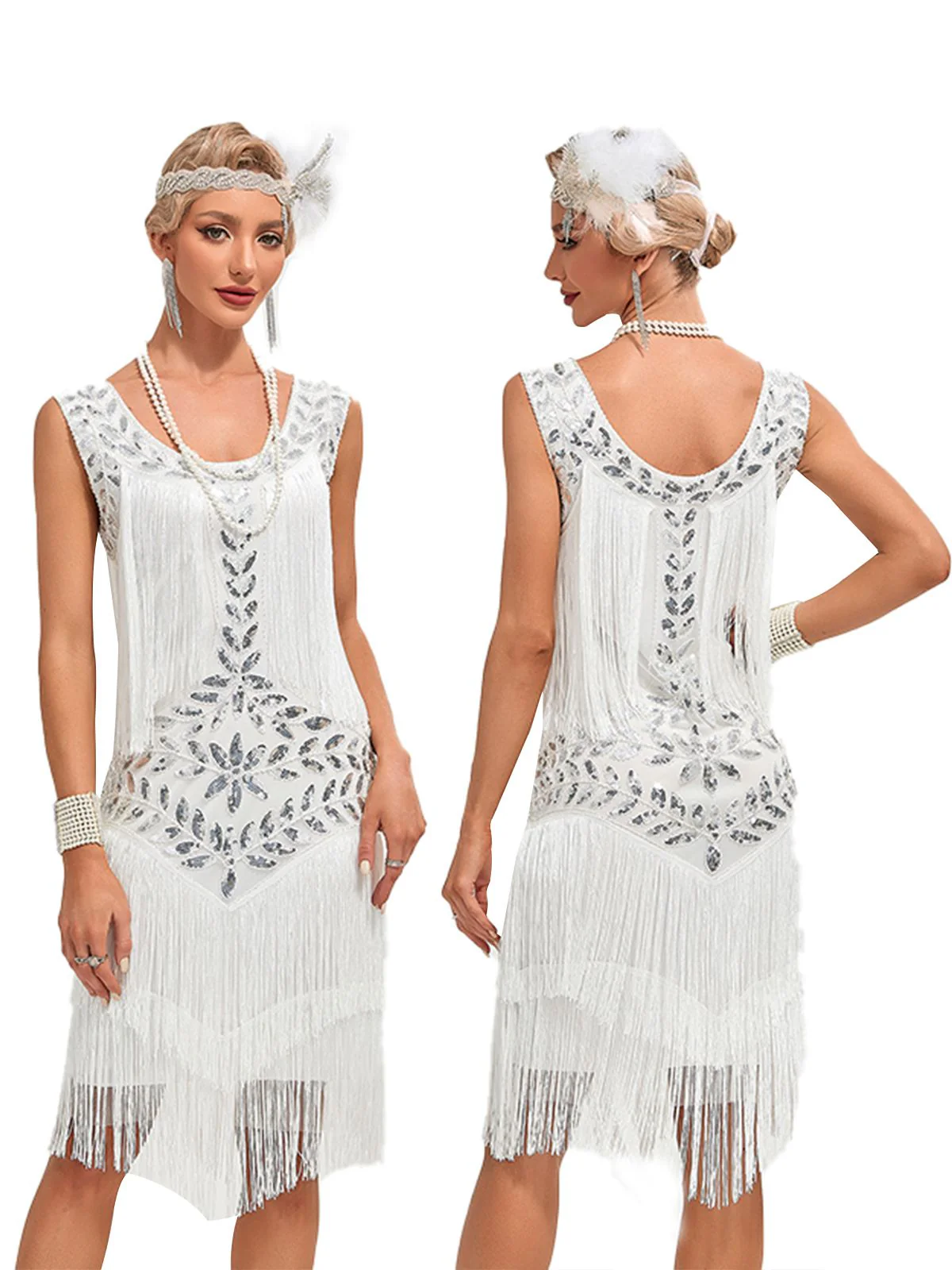 1920s V-Neck Sequined Mesh Mermaid Dress - Image 4