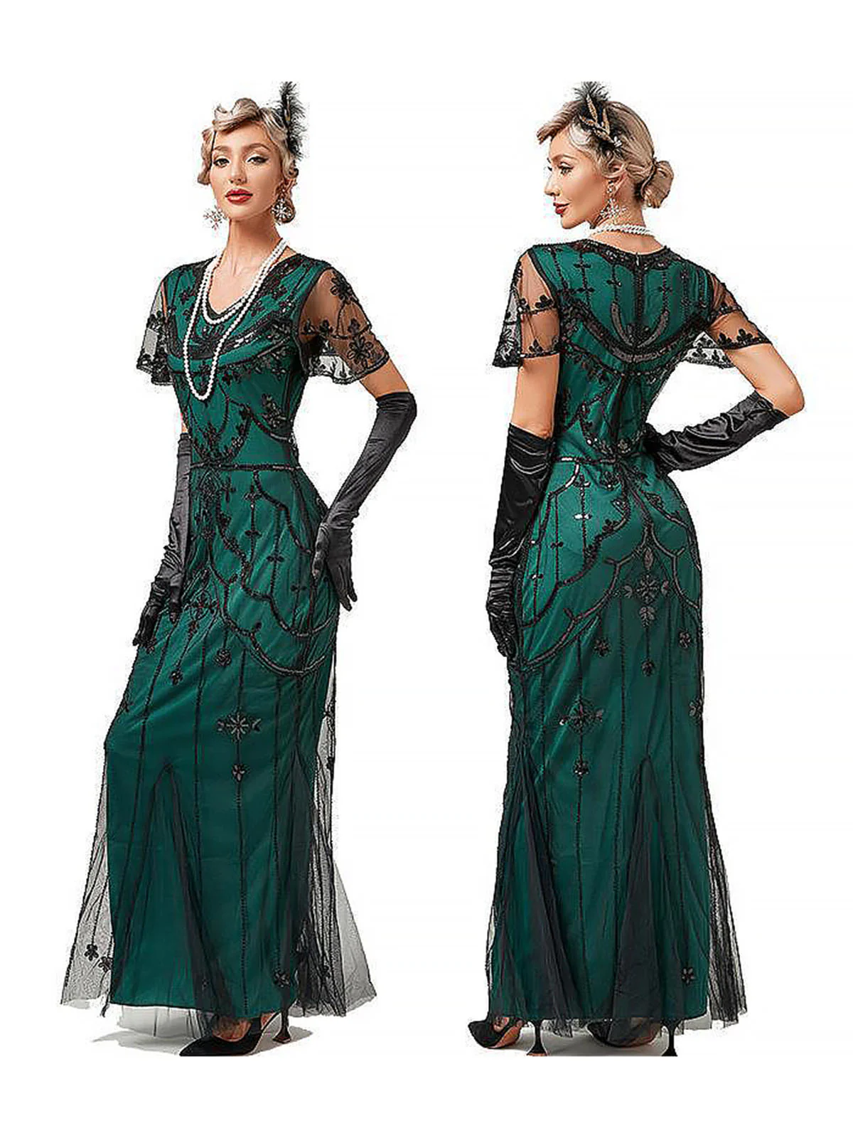 1920s V-Neck Sequined Mesh Mermaid Formal Dress - Image 2