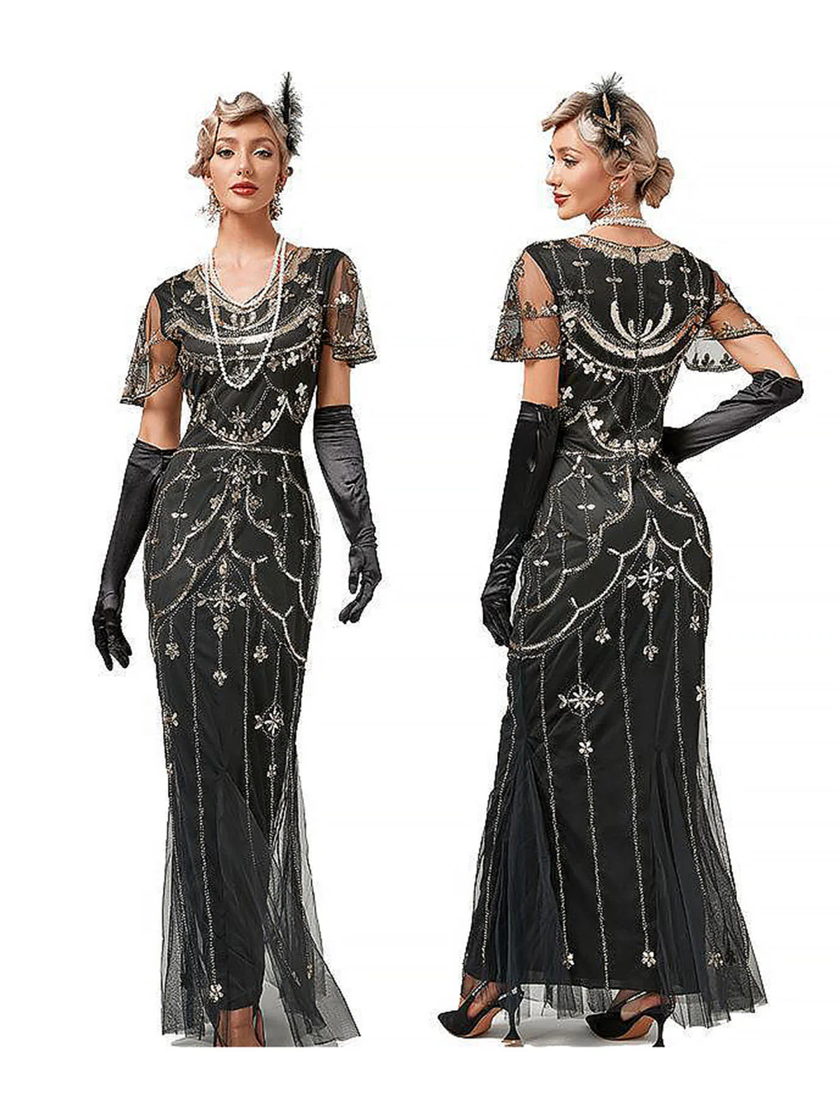 1920s V-Neck Sequined Mesh Mermaid Formal Dress - Image 3