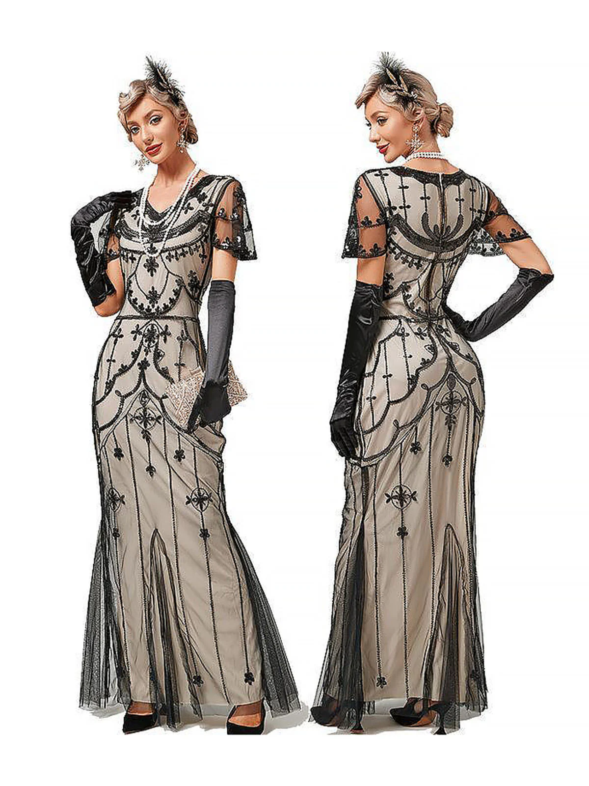 1920s V-Neck Sequined Mesh Mermaid Formal Dress - Image 4