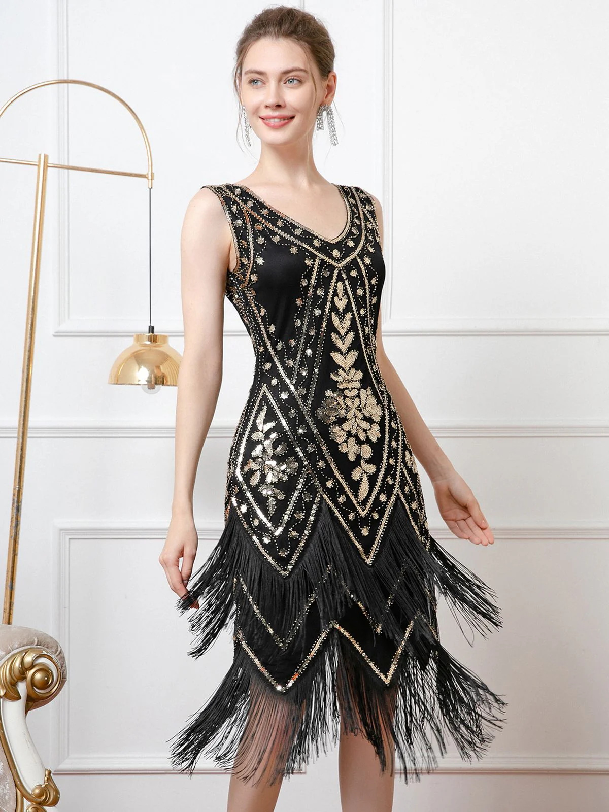1920s V-Neck Sequined Tassel Flapper Sleeveless Dress - Image 5