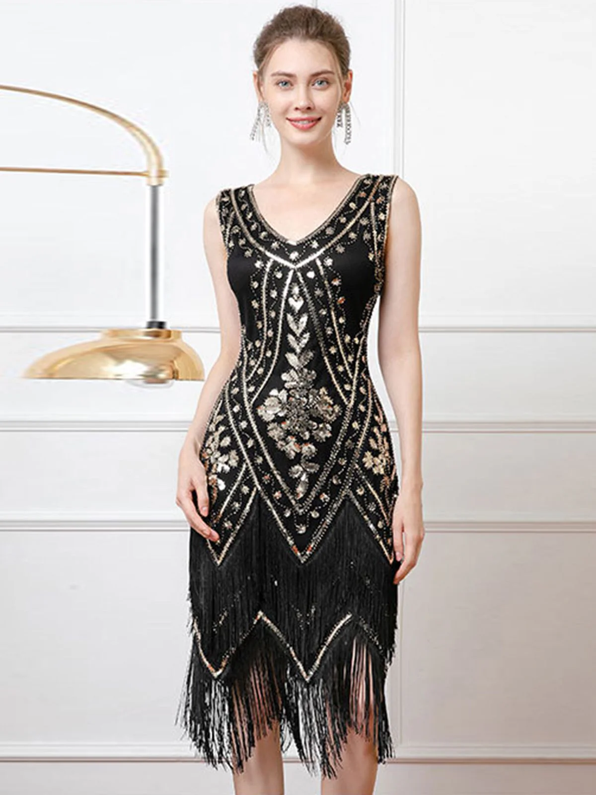 1920s V-Neck Sequined Tassel Flapper Sleeveless Dress - Image 6
