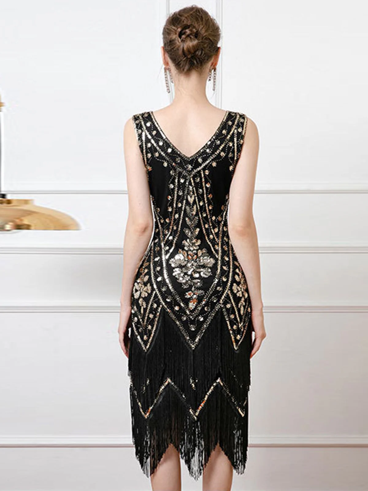 1920s V-Neck Sequined Tassel Flapper Sleeveless Dress - Image 7
