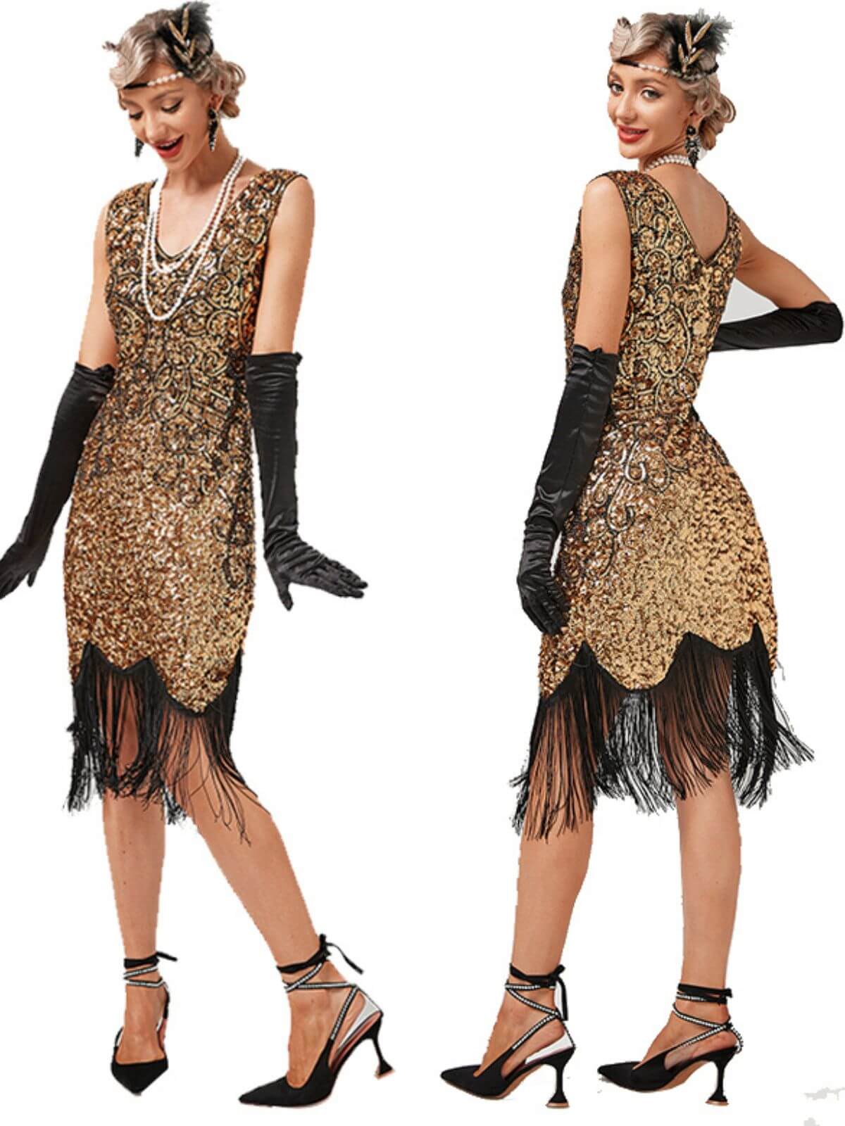 1920s V-Neck Sequined Tassel Gatsby Dress - Image 2