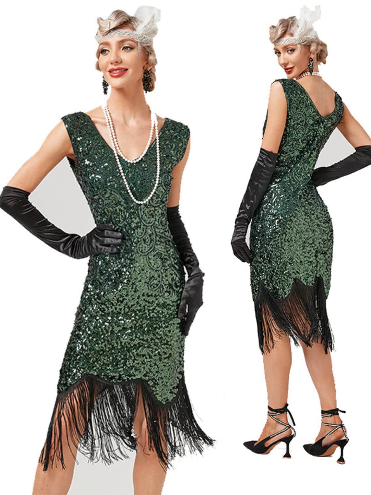 1920s V-Neck Sequined Tassel Gatsby Dress - Image 3