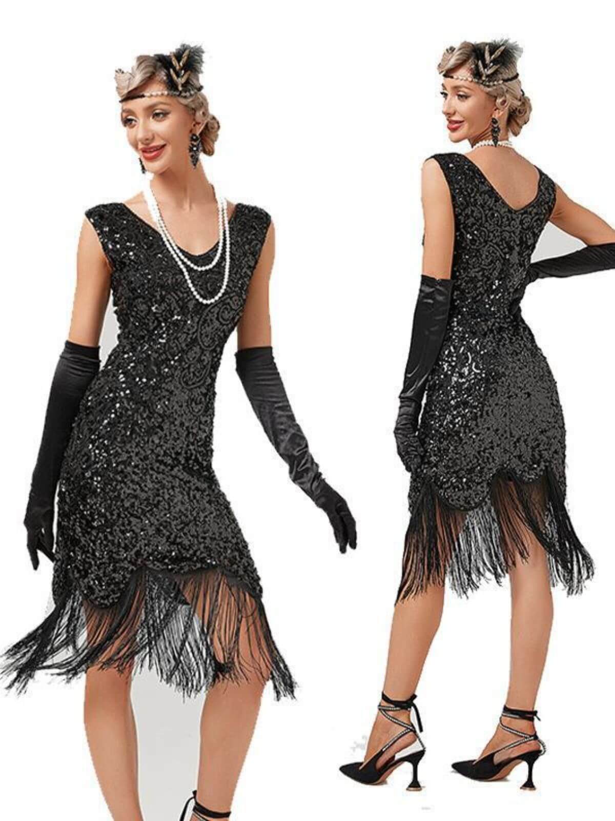 1920s V-Neck Sequined Tassel Gatsby Dress - Image 4