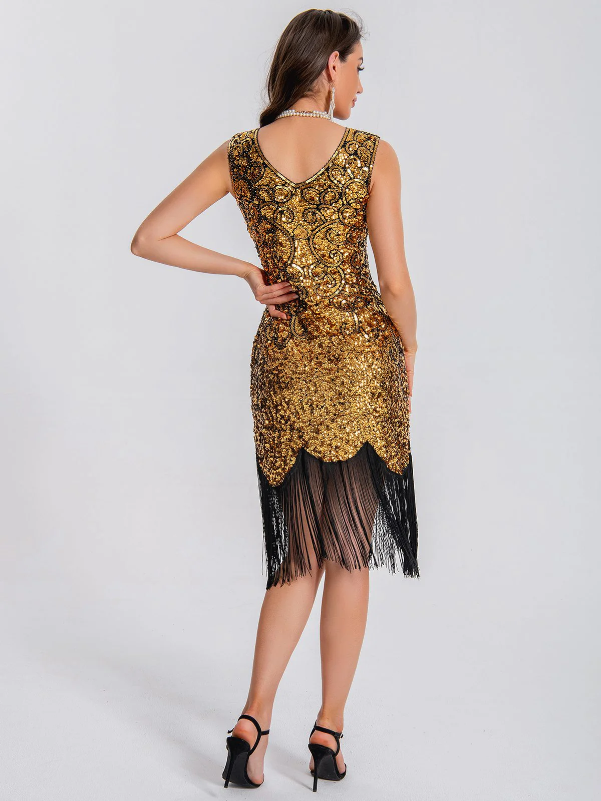 1920s V-Neck Symmetrical Pattern Tassel Sequined Dress - Image 11