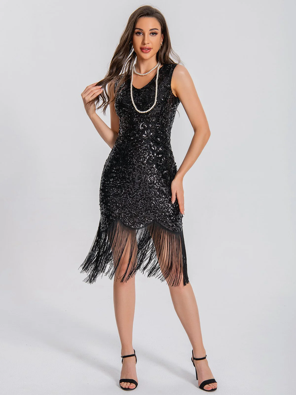 1920s V-Neck Symmetrical Pattern Tassel Sequined Dress - Image 12