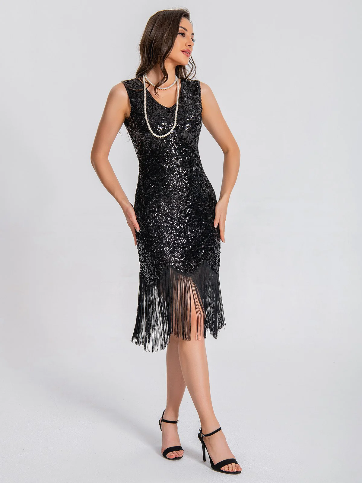 1920s V-Neck Symmetrical Pattern Tassel Sequined Dress - Image 13