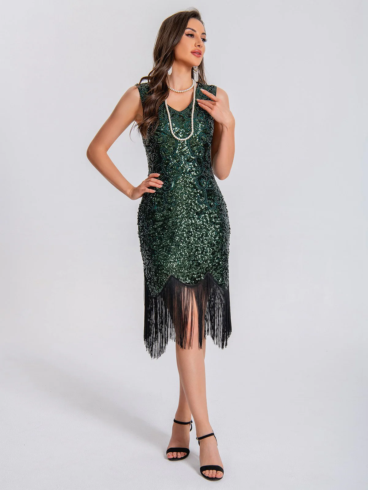 1920s V-Neck Symmetrical Pattern Tassel Sequined Dress - Image 2