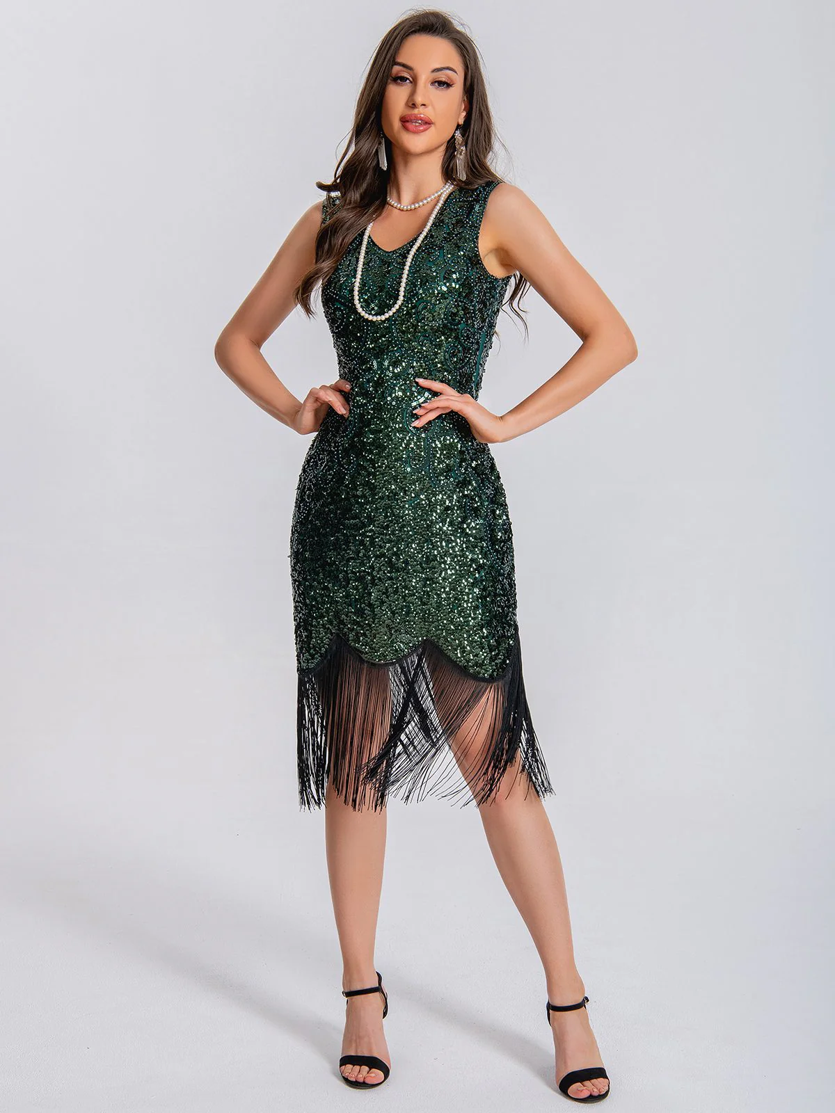 1920s V-Neck Symmetrical Pattern Tassel Sequined Dress - Image 3