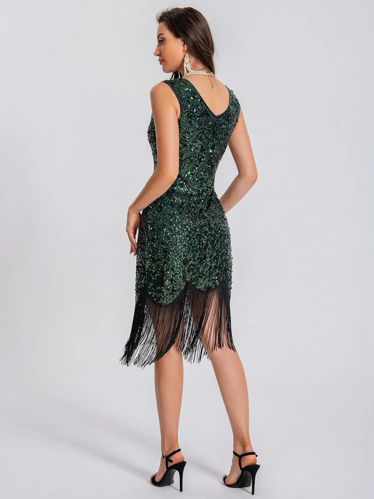 1920s V-Neck Symmetrical Pattern Tassel Sequined Dress - Image 4