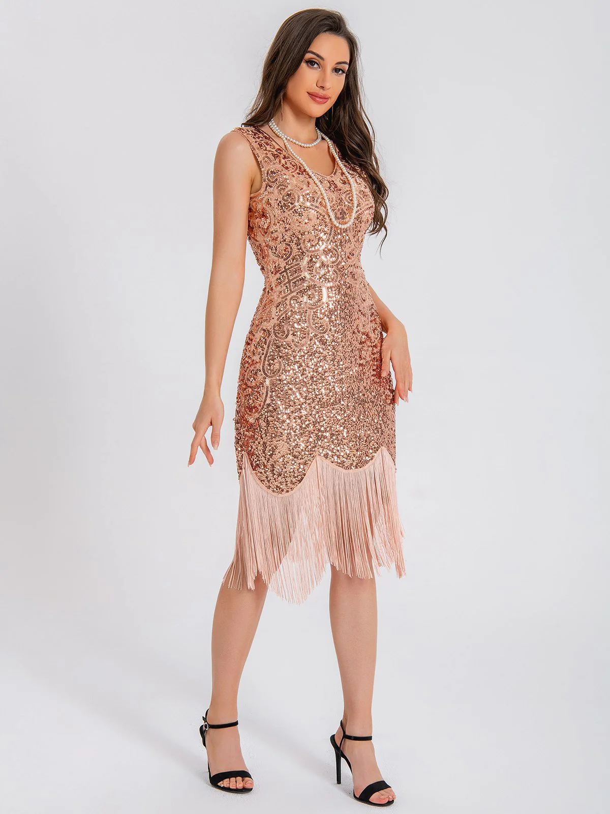 1920s V-Neck Symmetrical Pattern Tassel Sequined Dress - Image 7