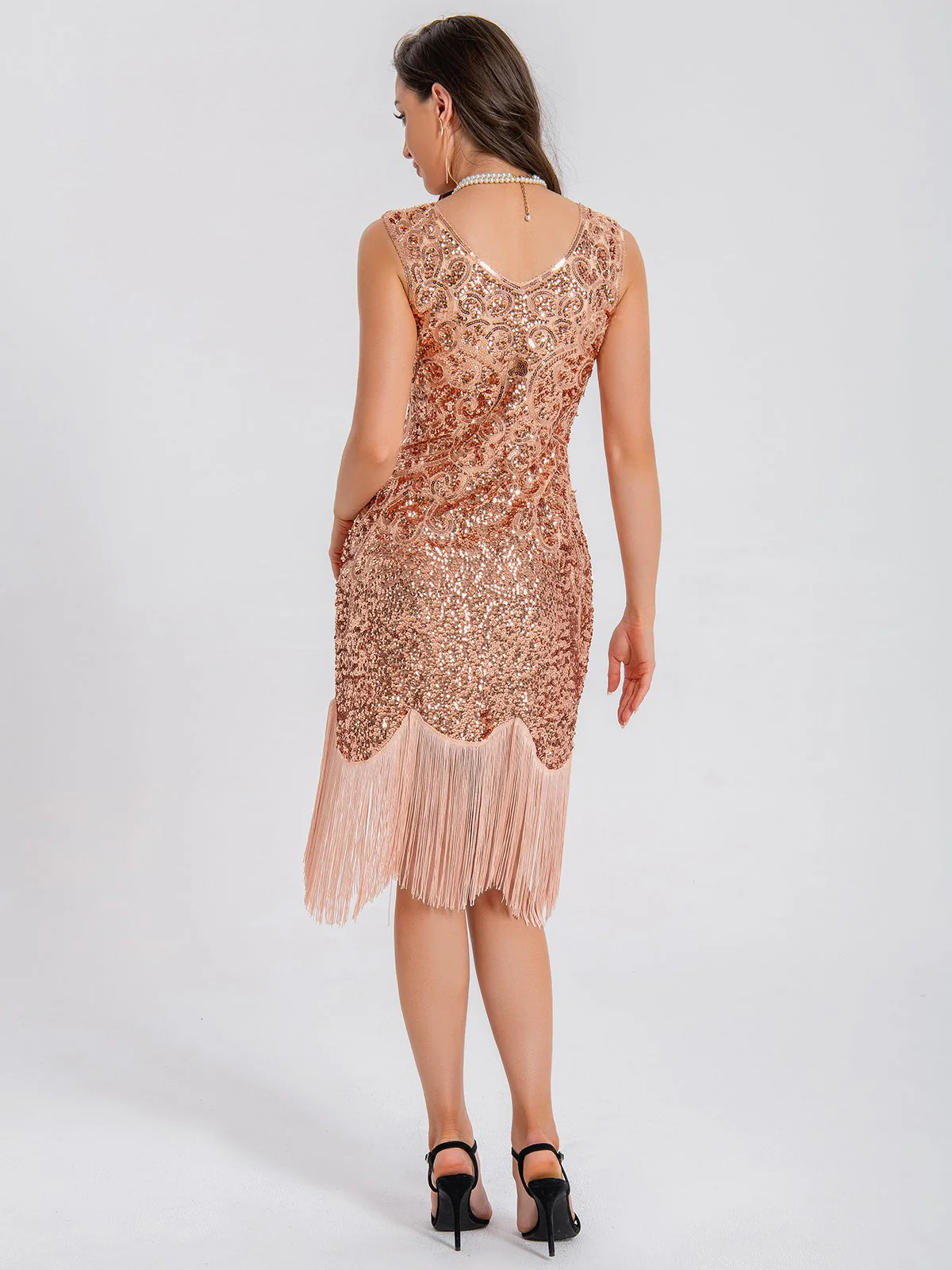1920s V-Neck Symmetrical Pattern Tassel Sequined Dress - Image 8