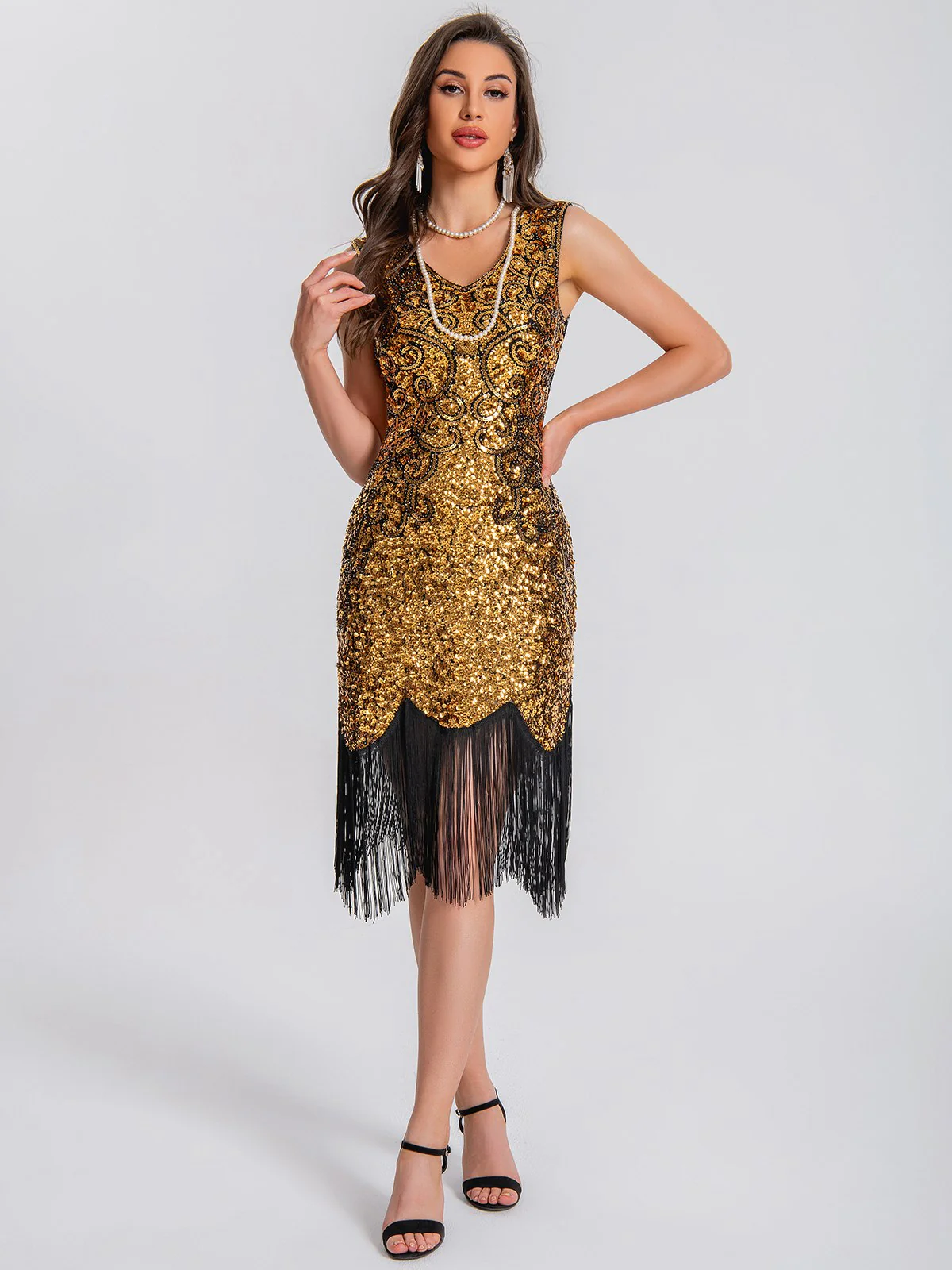 1920s V-Neck Symmetrical Pattern Tassel Sequined Dress - Image 9