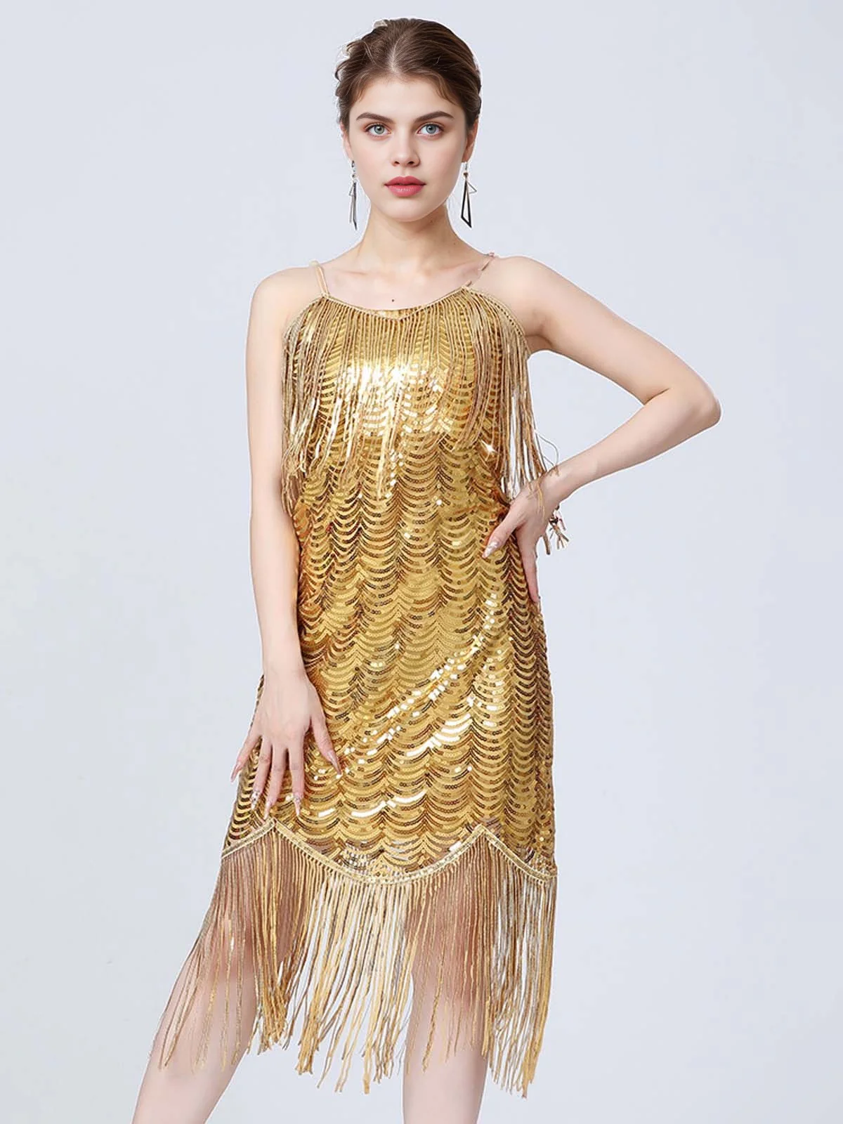 1920s V-Neck Fringe Solid Evening Tunic Dress - Image 3