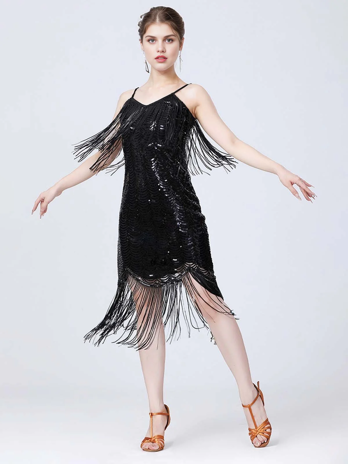 1920s V-Neck Fringe Solid Evening Tunic Dress - Image 9