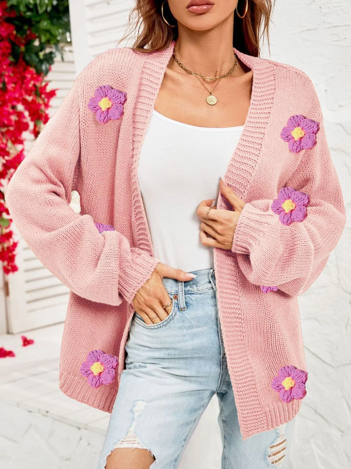 1930s 3D Daisy Long Sleeve Knit Cardigan - Image 5
