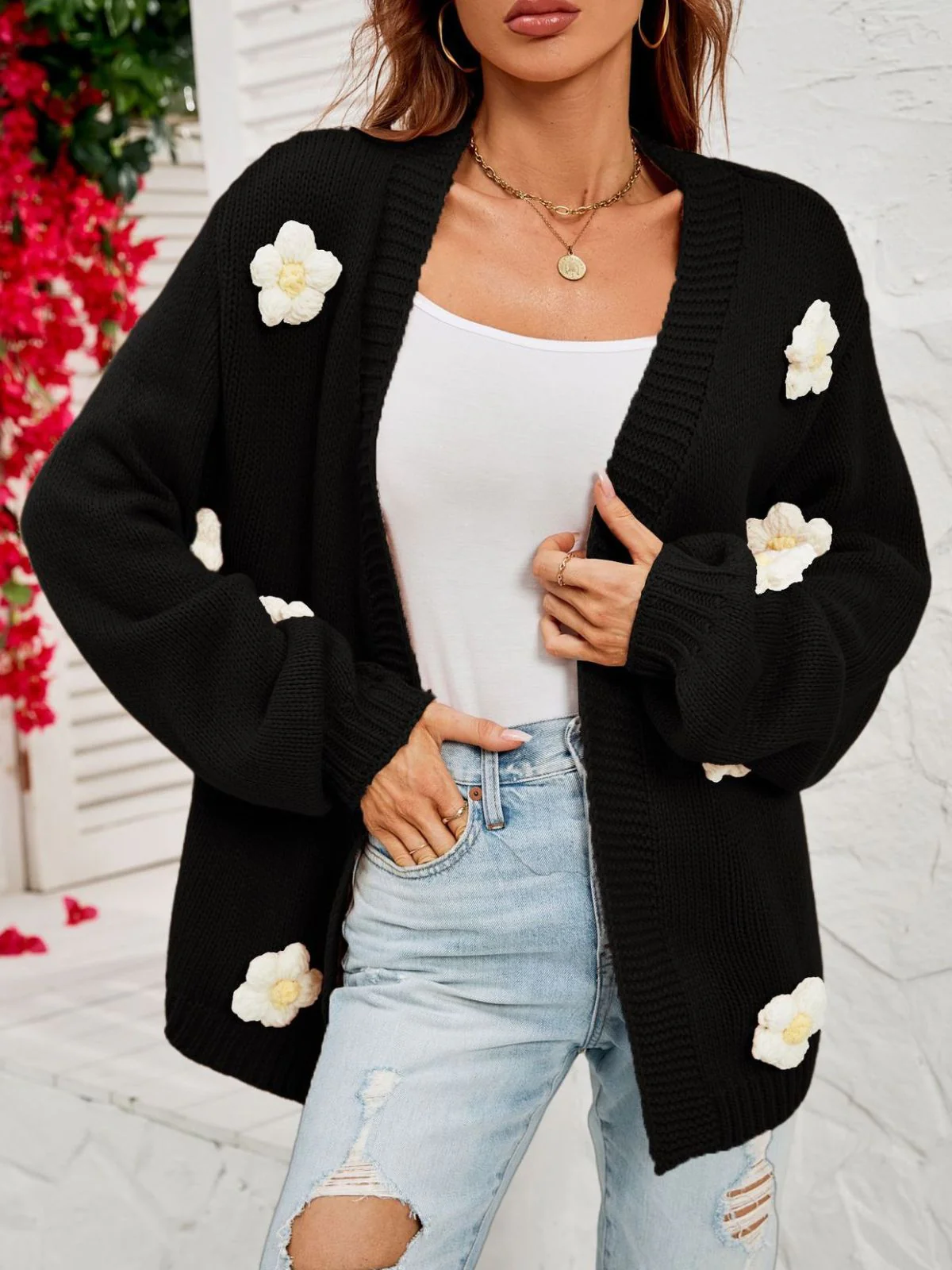 1930s 3D Daisy Long Sleeve Knit Cardigan - Image 9
