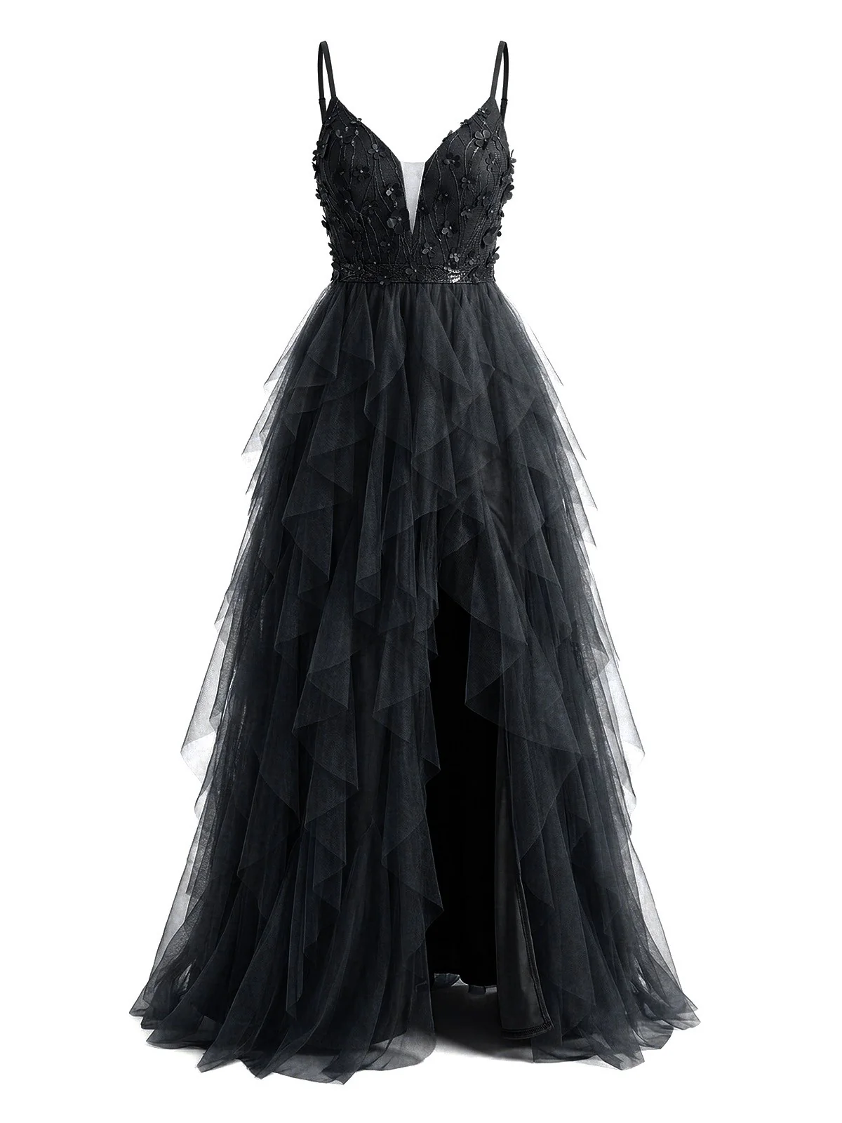 1930s Appliques Tulle Glitter Slit Tiered Prom Dress - Image 6