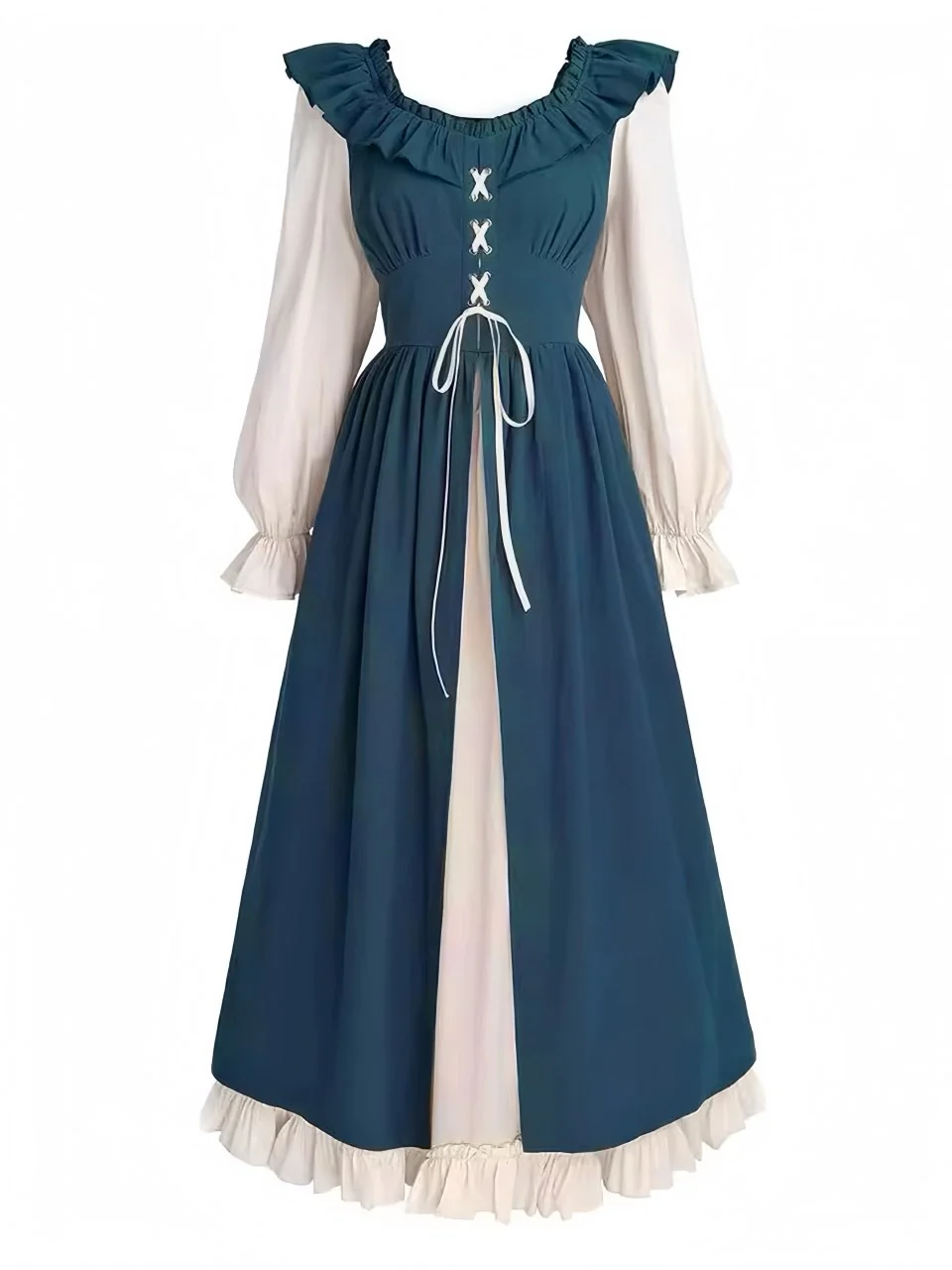 1930s Colorblock Ruffled Lace-Up Renaissance Dress - Image 2
