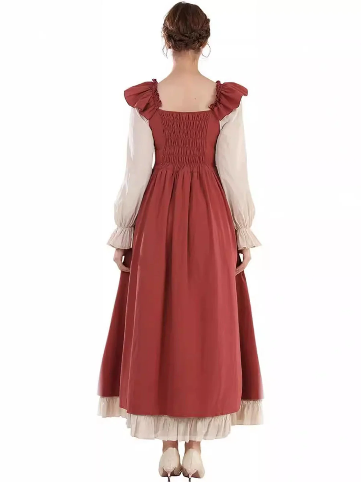 1930s Colorblock Ruffled Lace-Up Renaissance Dress - Image 3