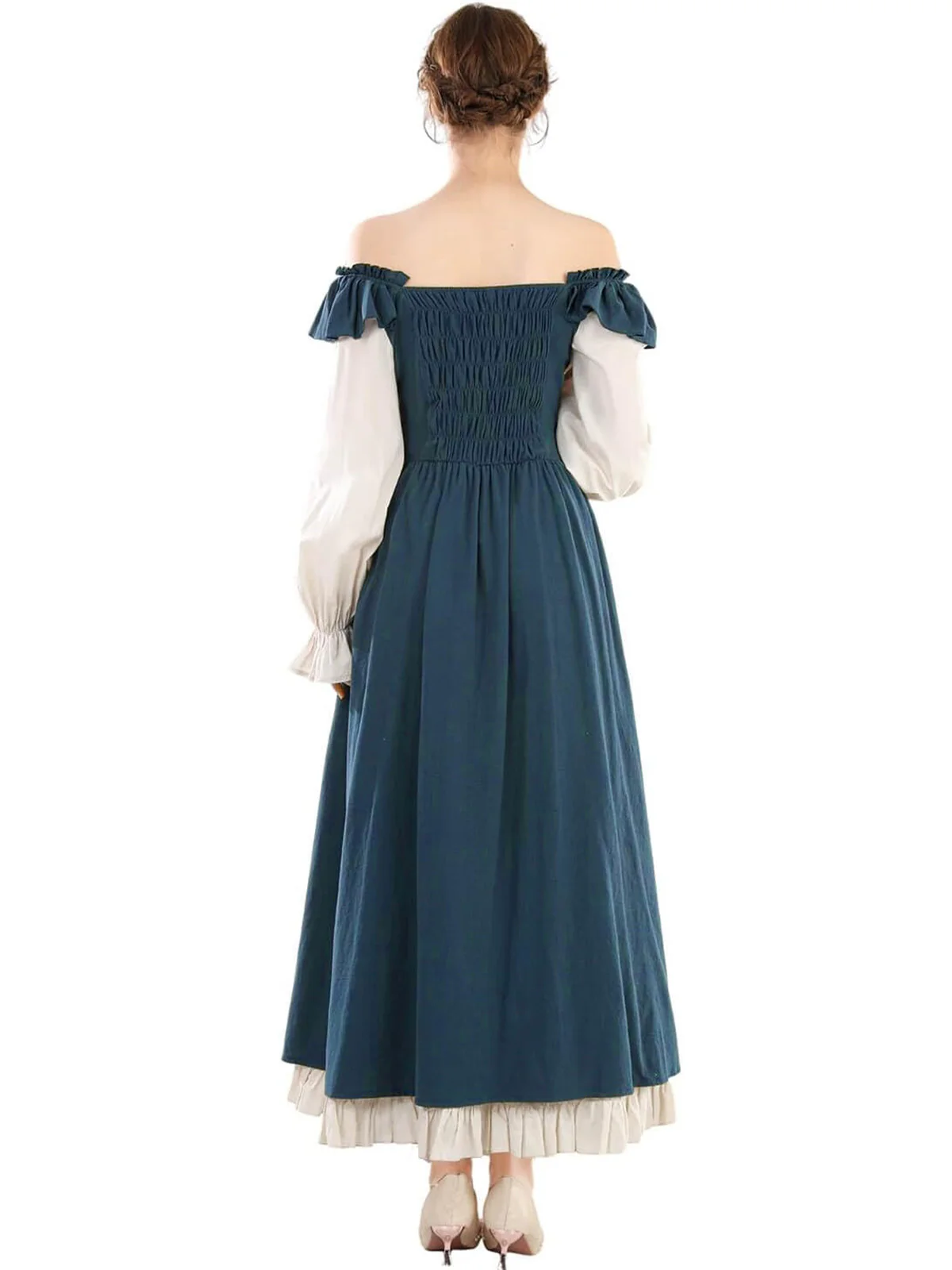 1930s Colorblock Ruffled Lace-Up Renaissance Dress - Image 4