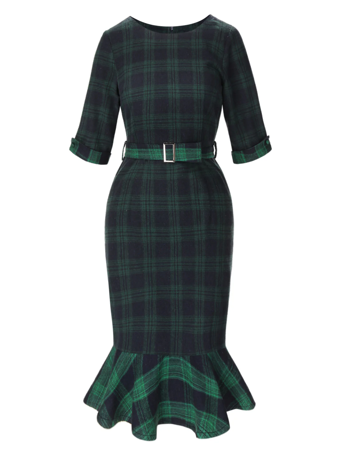 1930s Crew Neck Tartan Plaid Belted Mermaid Dress - Image 2