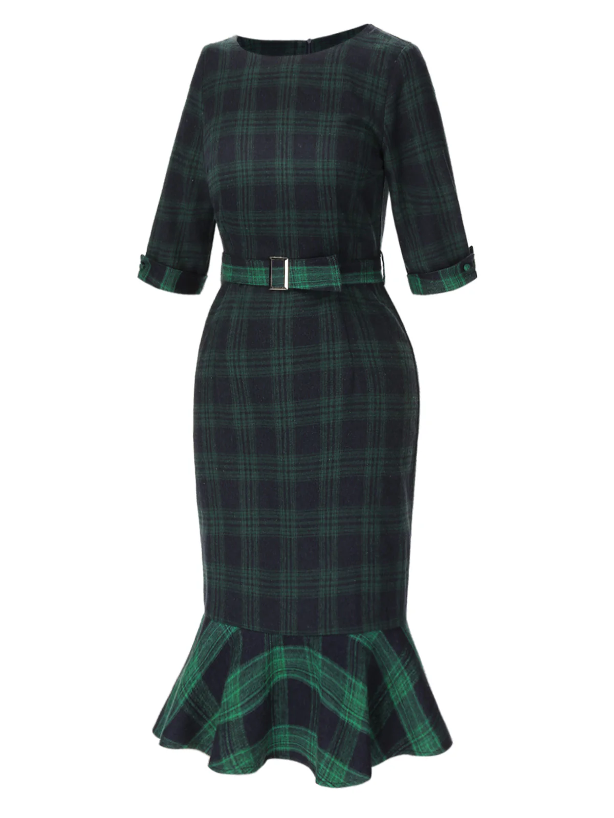 1930s Crew Neck Tartan Plaid Belted Mermaid Dress - Image 3