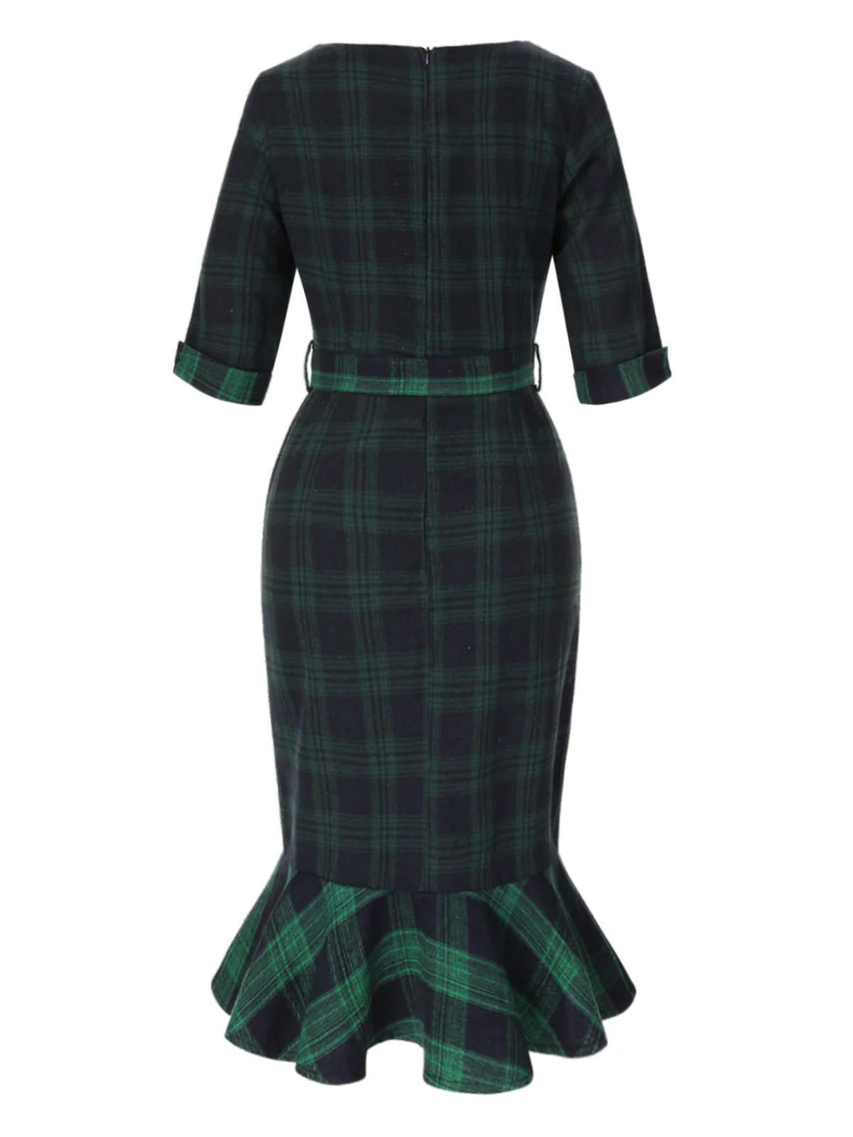 1930s Crew Neck Tartan Plaid Belted Mermaid Dress - Image 4