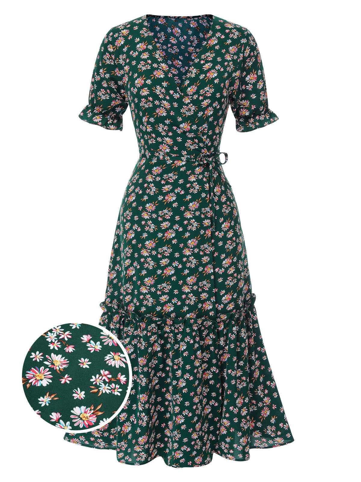 1930s Daisy Surplice V-Neck Belted Dress - Image 7