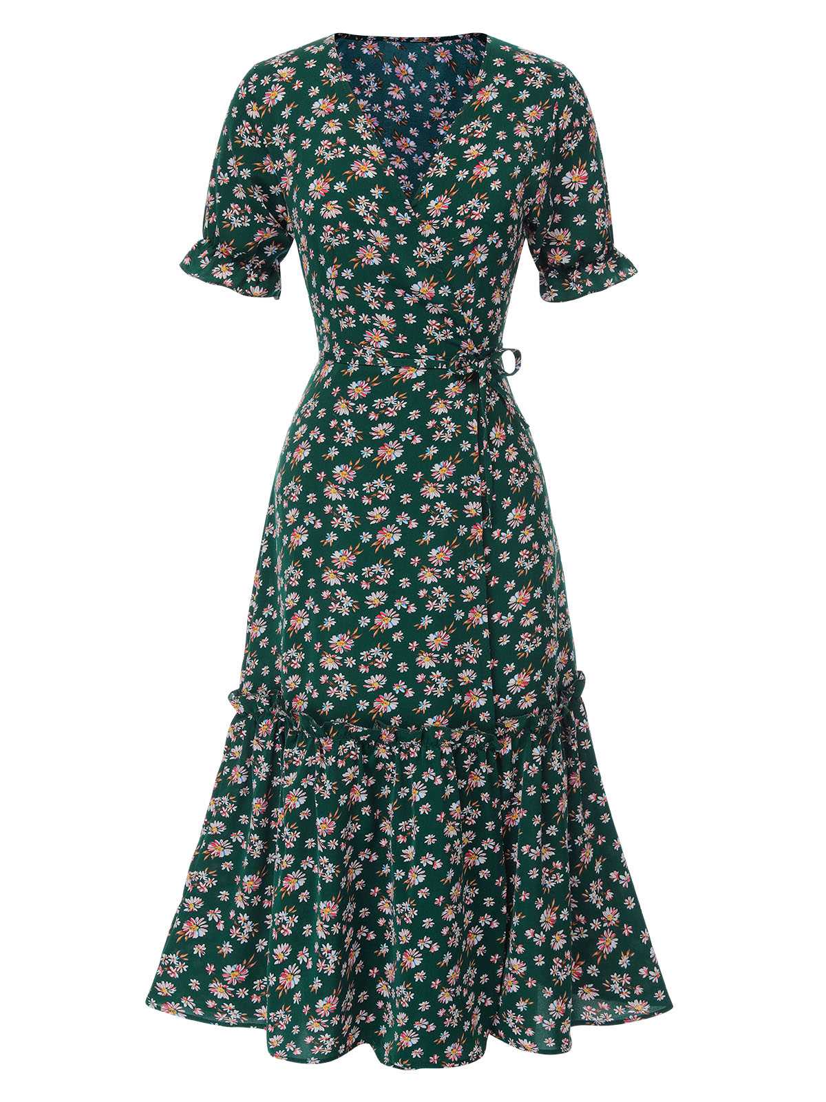 1930s Daisy Surplice V-Neck Belted Dress - Image 8