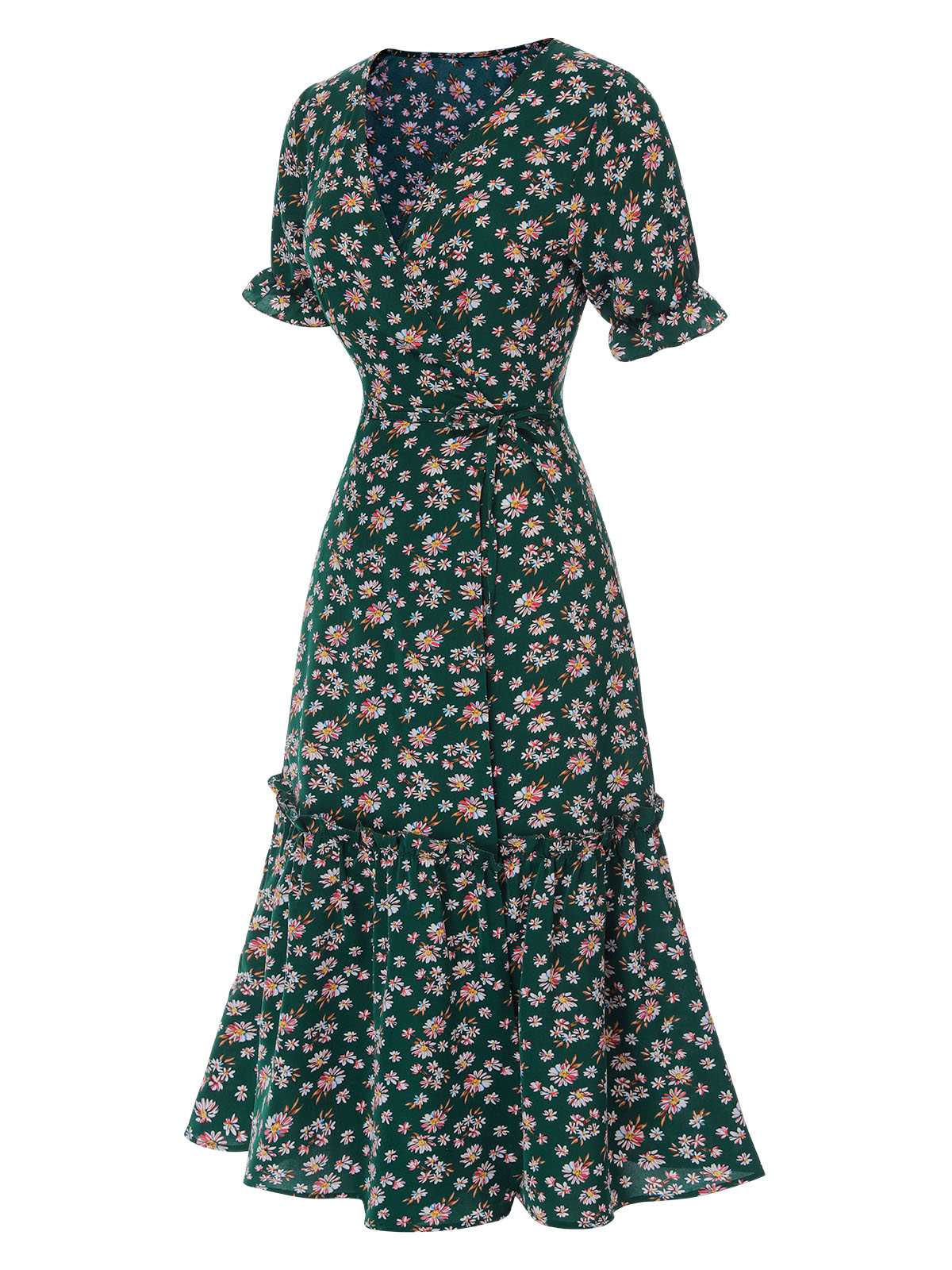 1930s Daisy Surplice V-Neck Belted Dress - Image 9