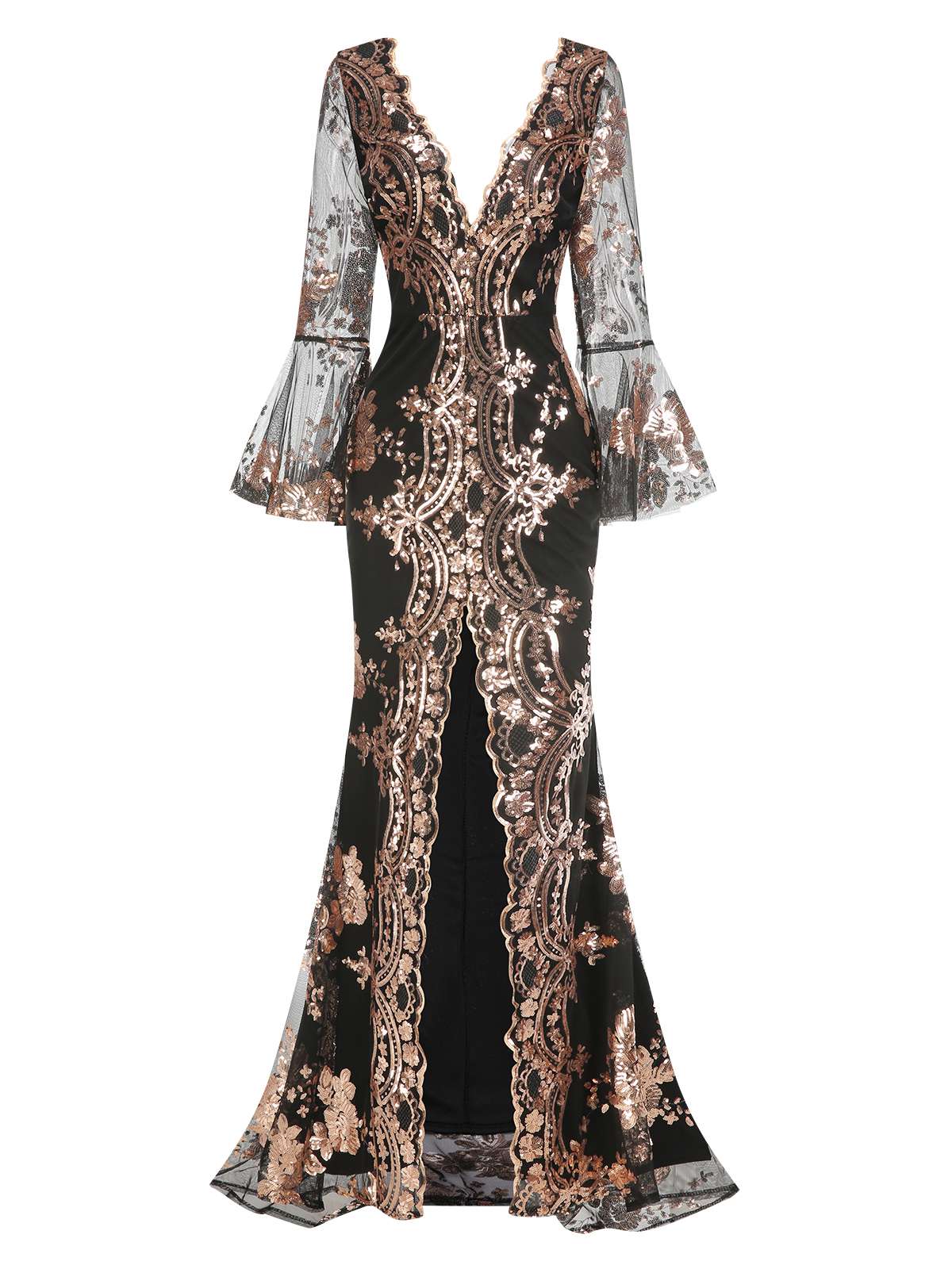 1930s Deep V-Neck Mesh Sequined Maxi Dress - Image 2