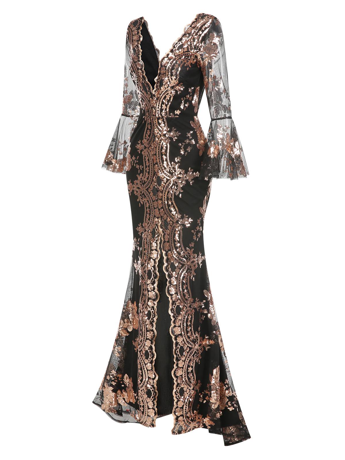 1930s Deep V-Neck Mesh Sequined Maxi Dress - Image 4
