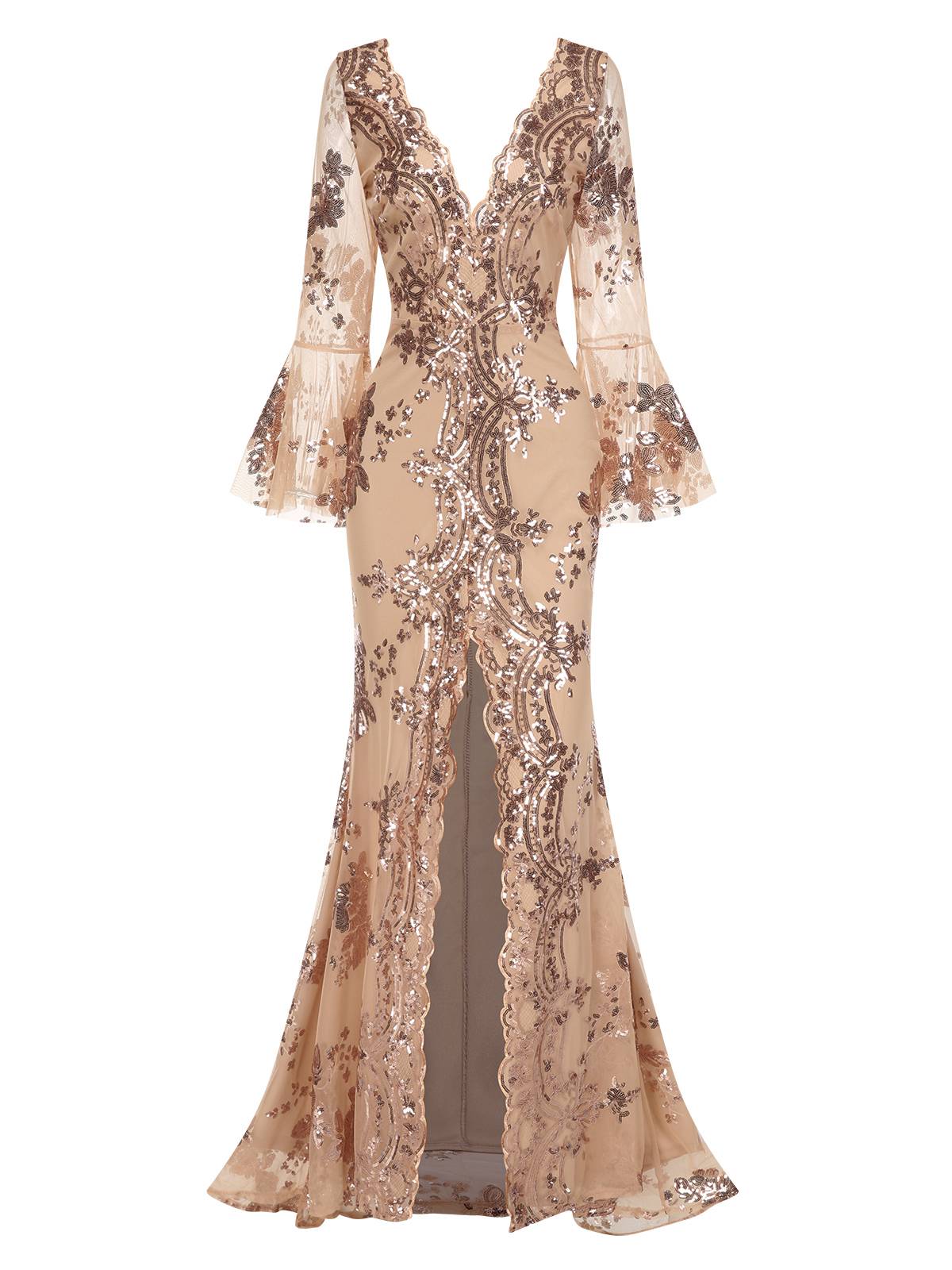 1930s Deep V-Neck Mesh Sequined Maxi Dress - Image 9