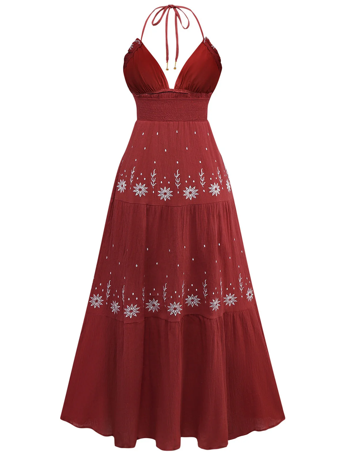 1930s Embroidered Floral Deep V-Neck Textured Dress - Image 2