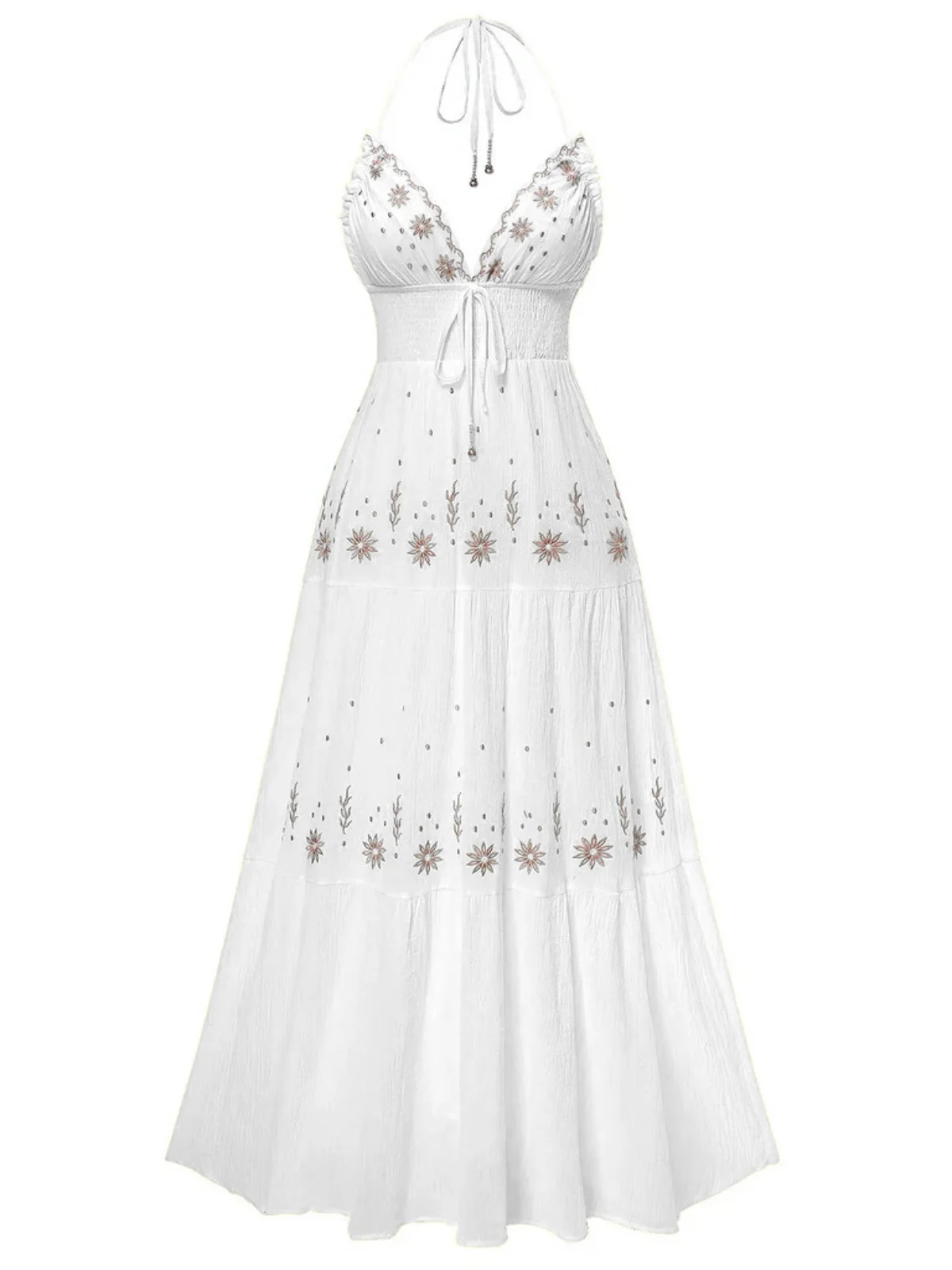 1930s Embroidered Floral Deep V-Neck Textured Dress - Image 6