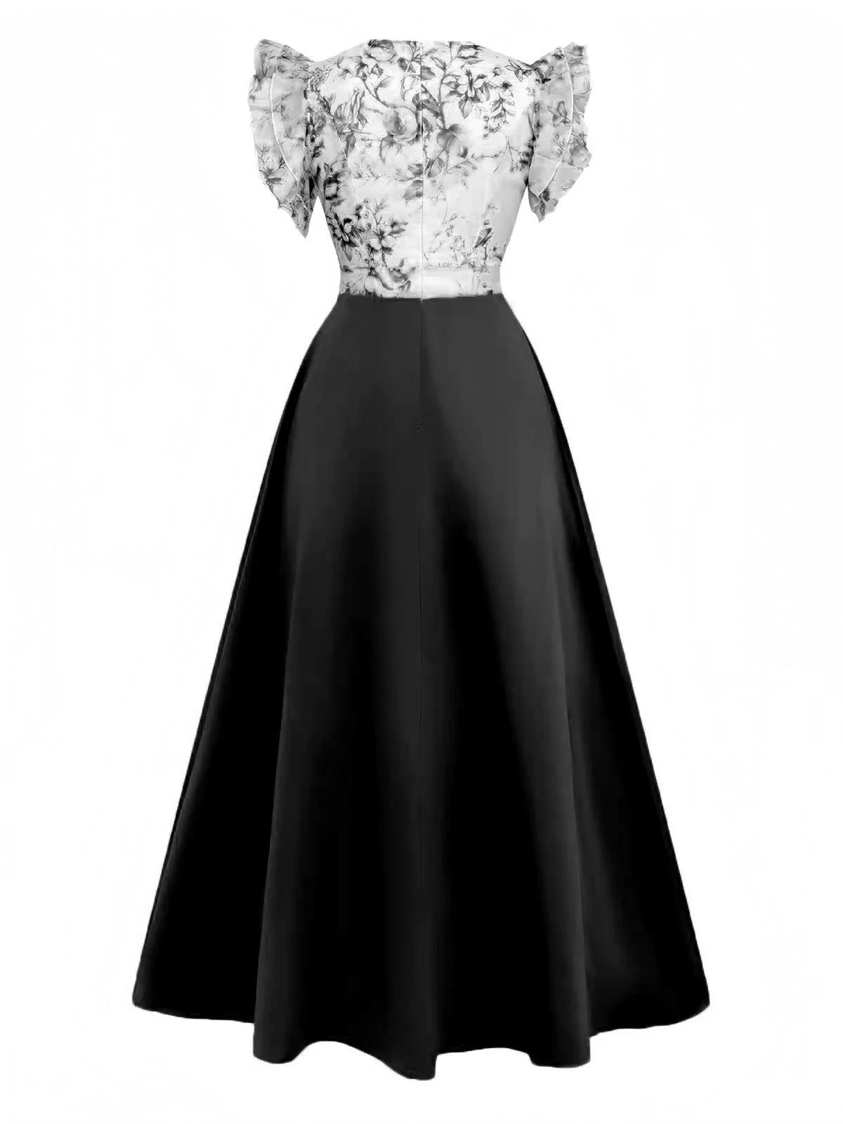 1930s Floral Flounce Sleeve V-Neck Patchwork Dress - Image 2