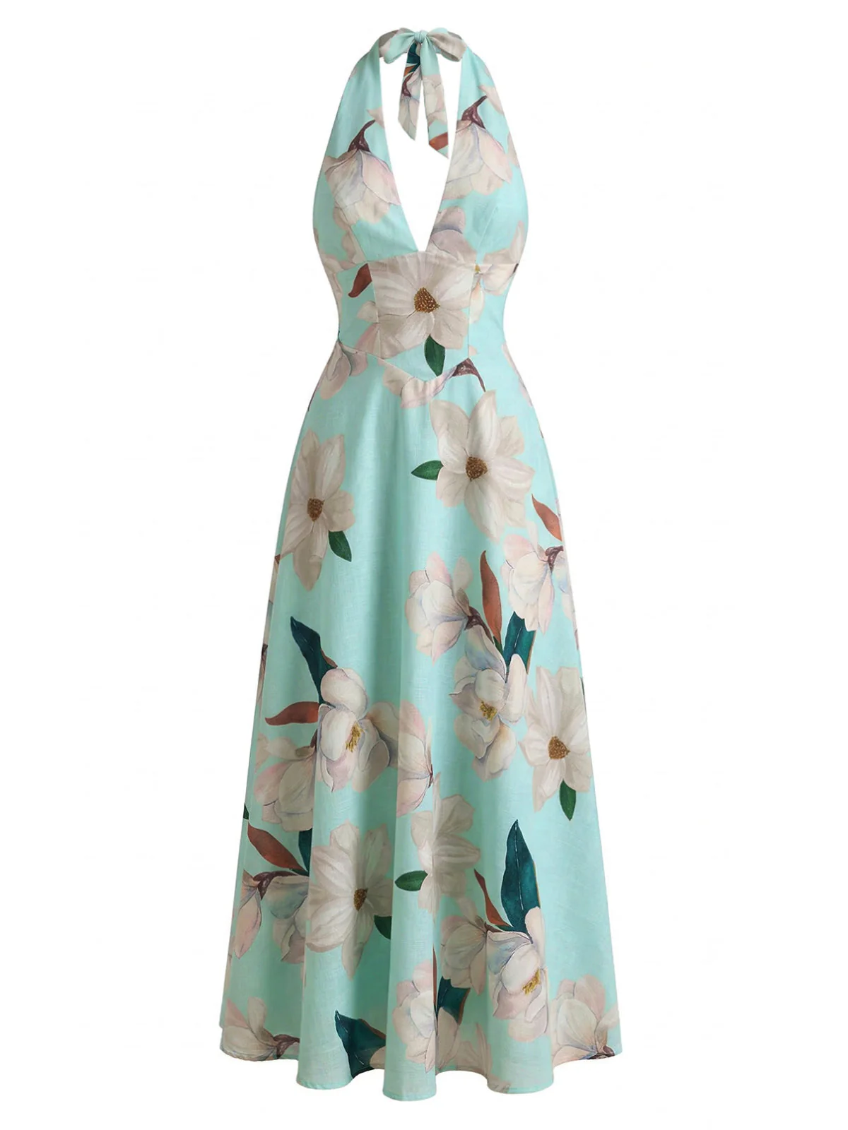 1930s Floral Halter V-Neck Lace-Up Dress - Image 2