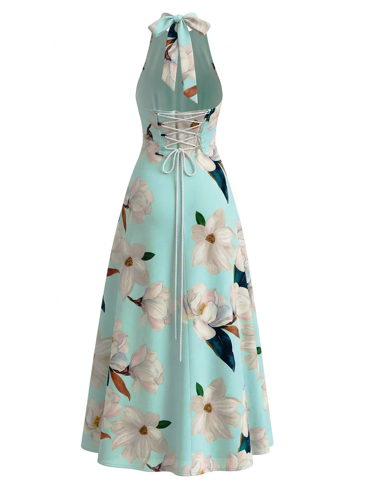 1930s Floral Halter V-Neck Lace-Up Dress - Image 3
