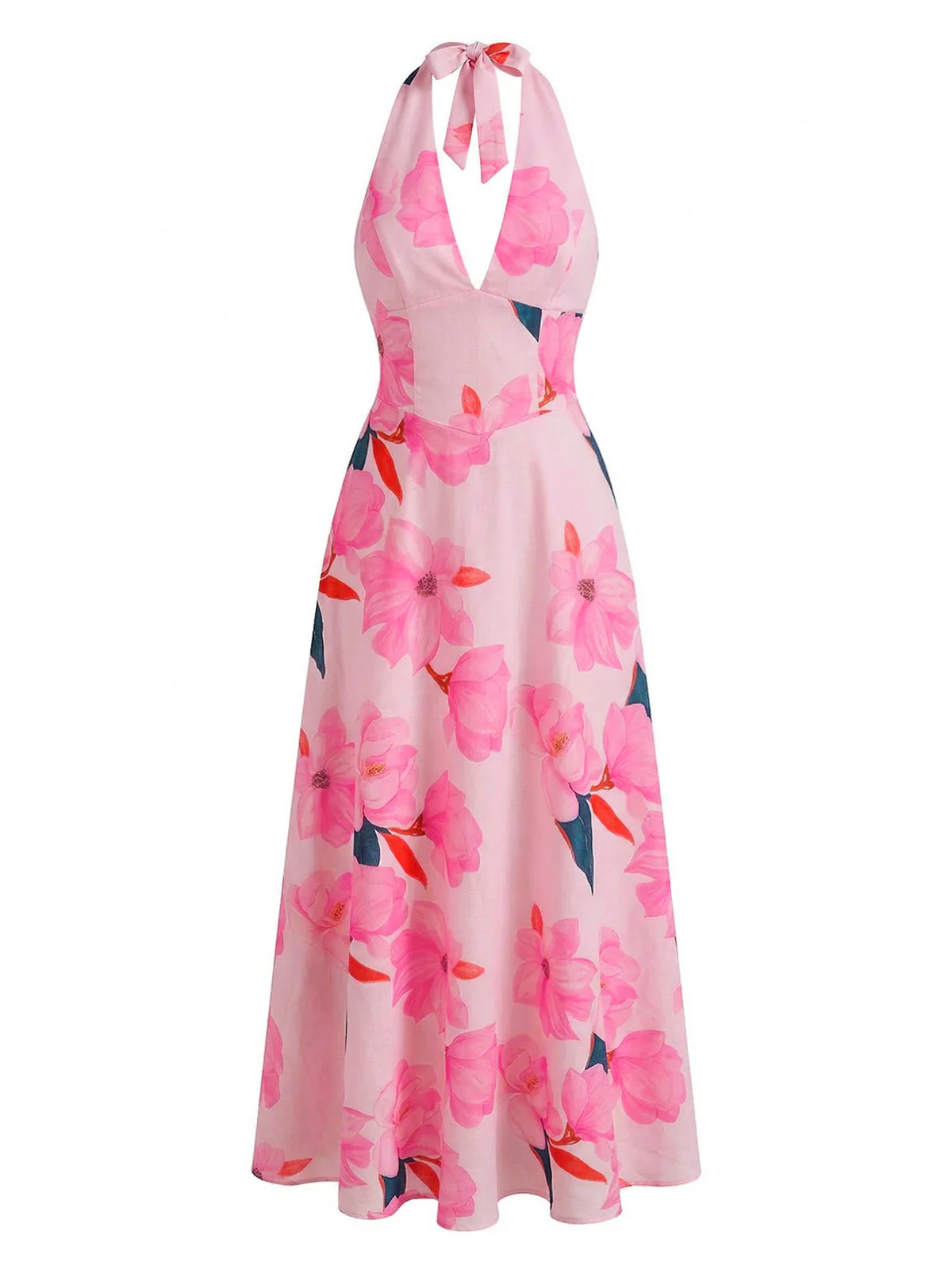 1930s Floral Halter V-Neck Lace-Up Dress - Image 4