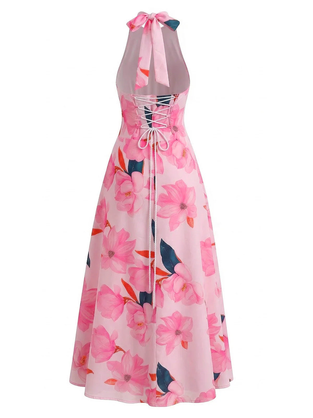 1930s Floral Halter V-Neck Lace-Up Dress - Image 5