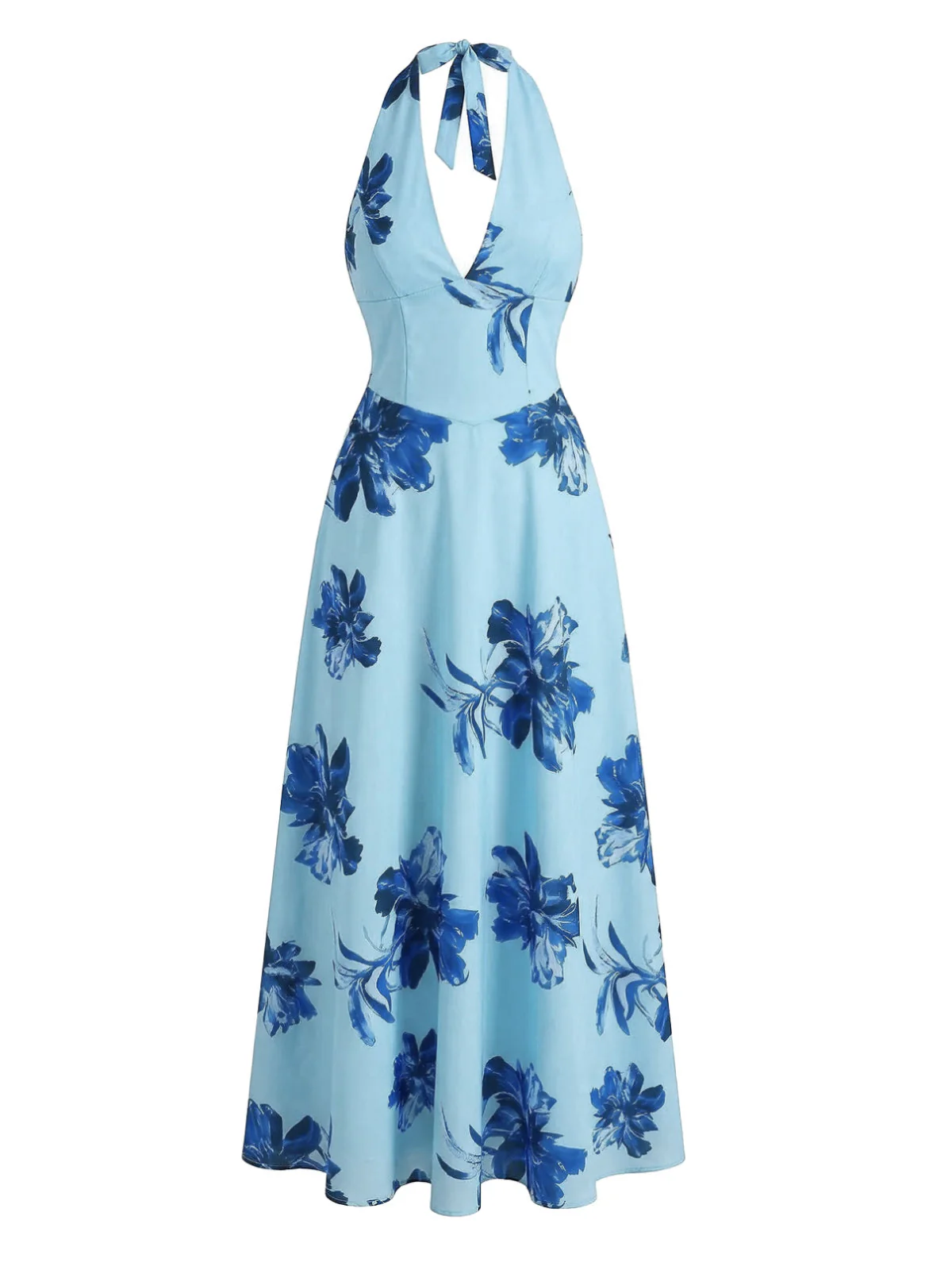 1930s Floral Halter V-Neck Lace-Up Dress - Image 6