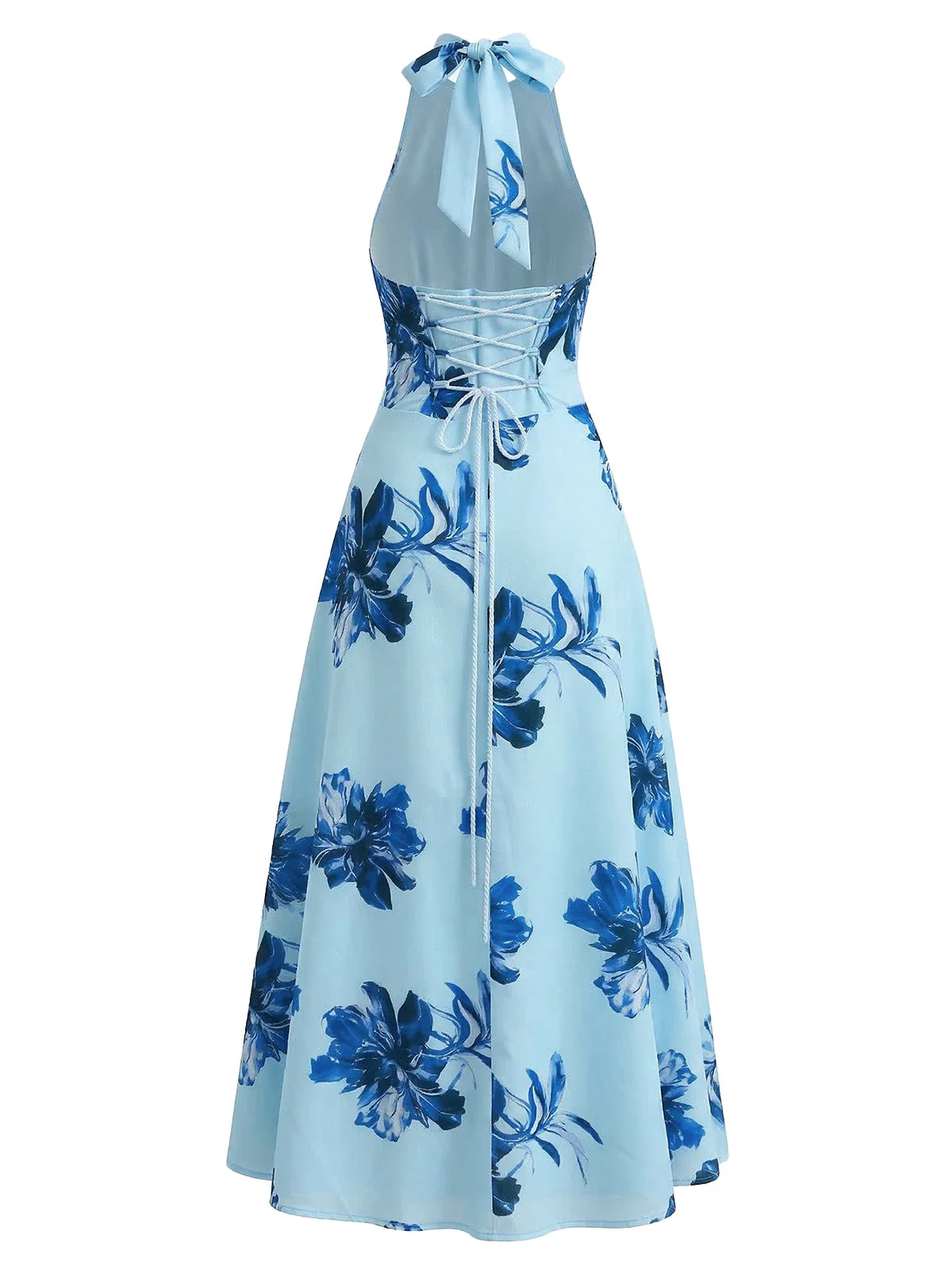 1930s Floral Halter V-Neck Lace-Up Dress - Image 7
