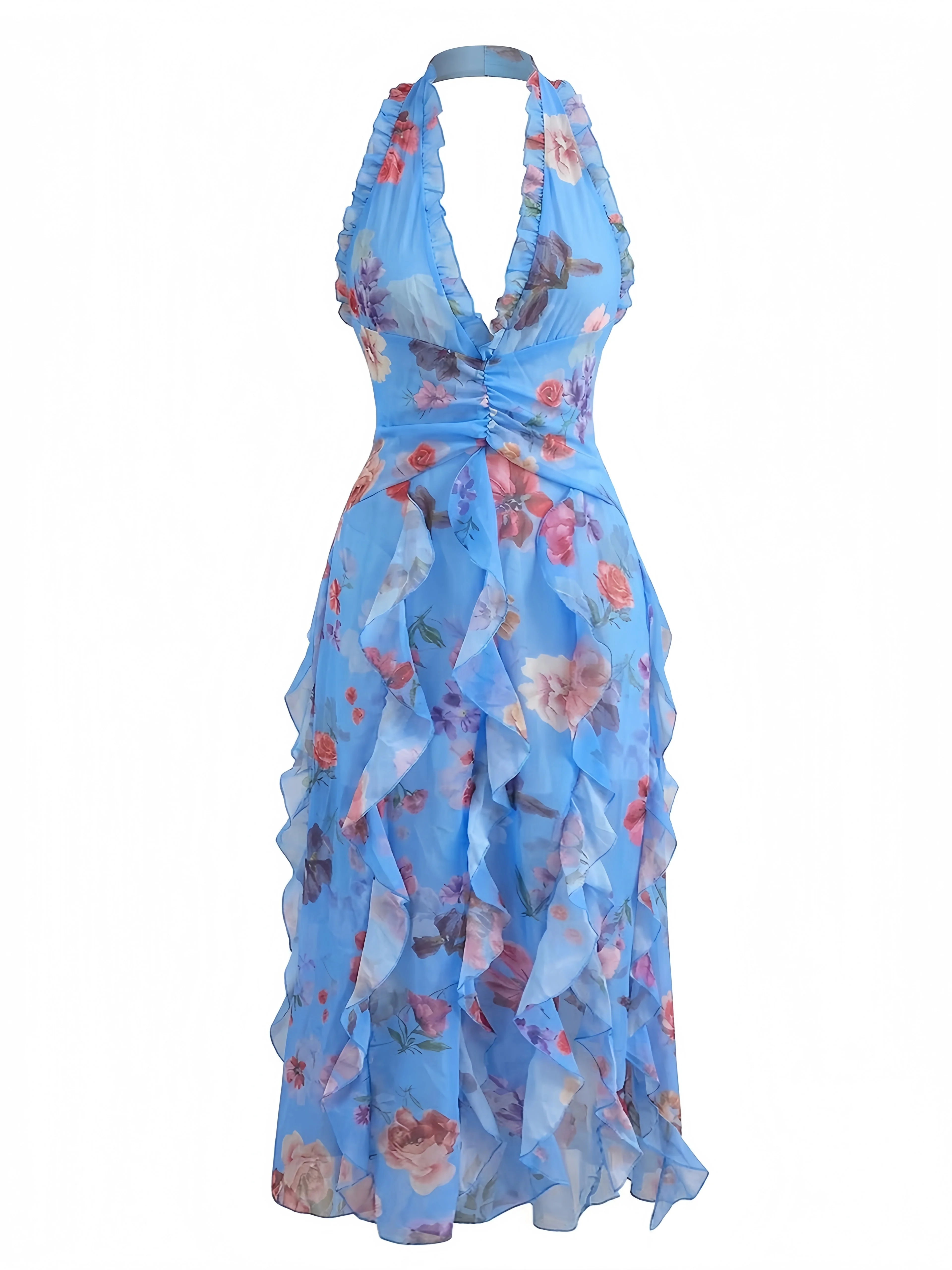 1930s Floral Halter V-Neck Ruffles Pleated Dress - Image 2