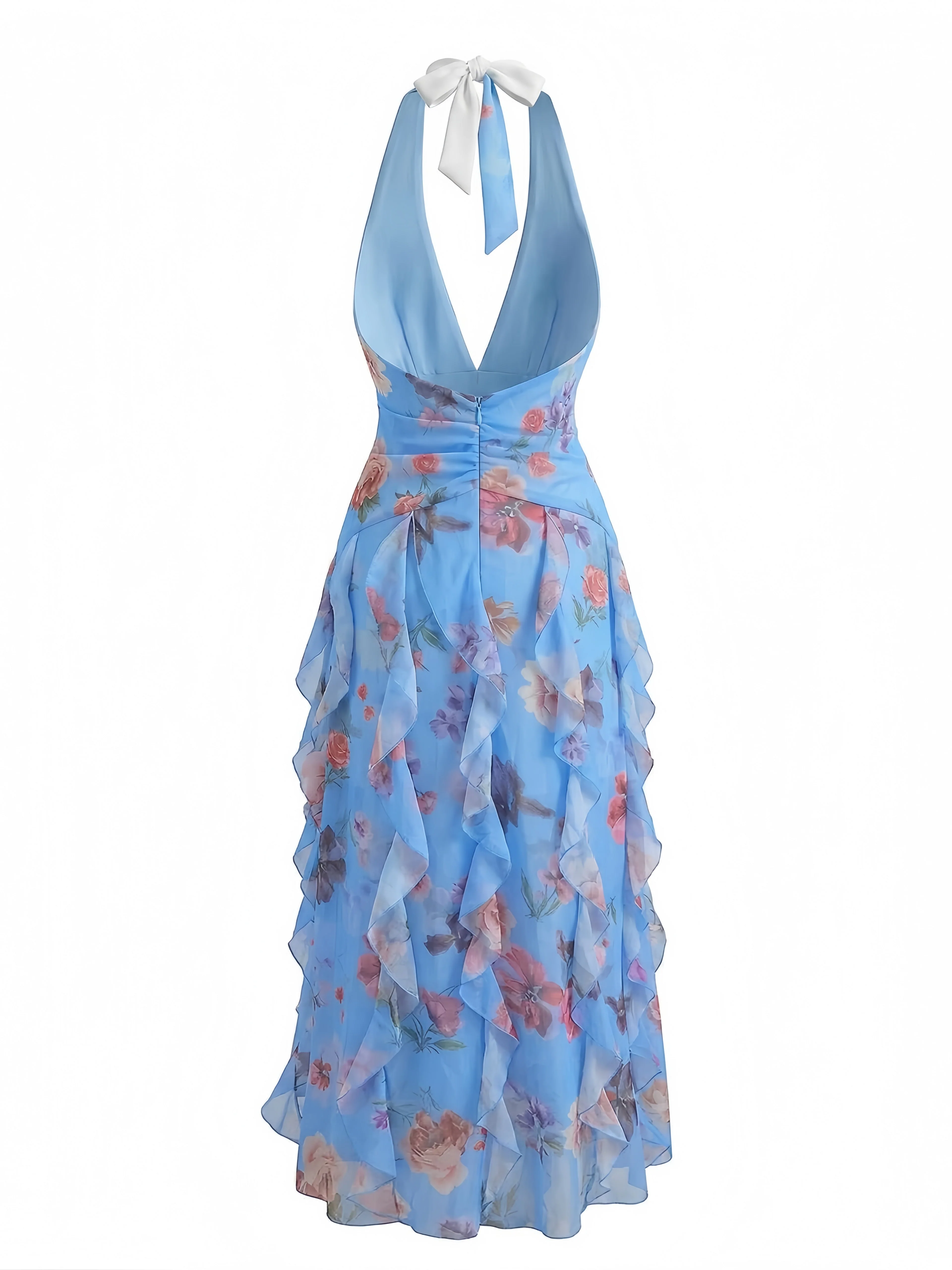 1930s Floral Halter V-Neck Ruffles Pleated Dress - Image 3